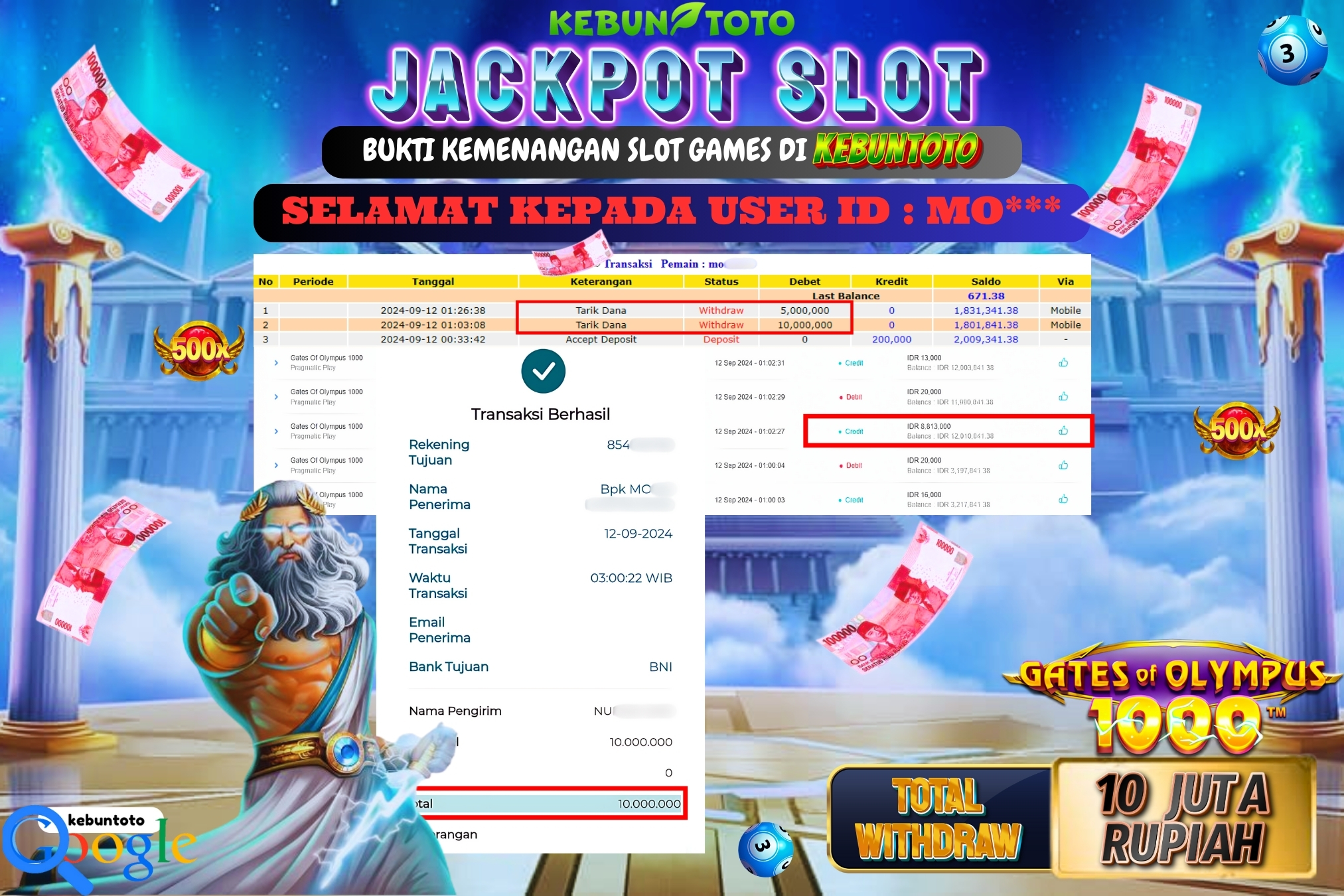 KEBUNTOTO JACKPOT SLOT GATES OF OLYMPUS 1000 Rp.10.000.000,- LUNAS