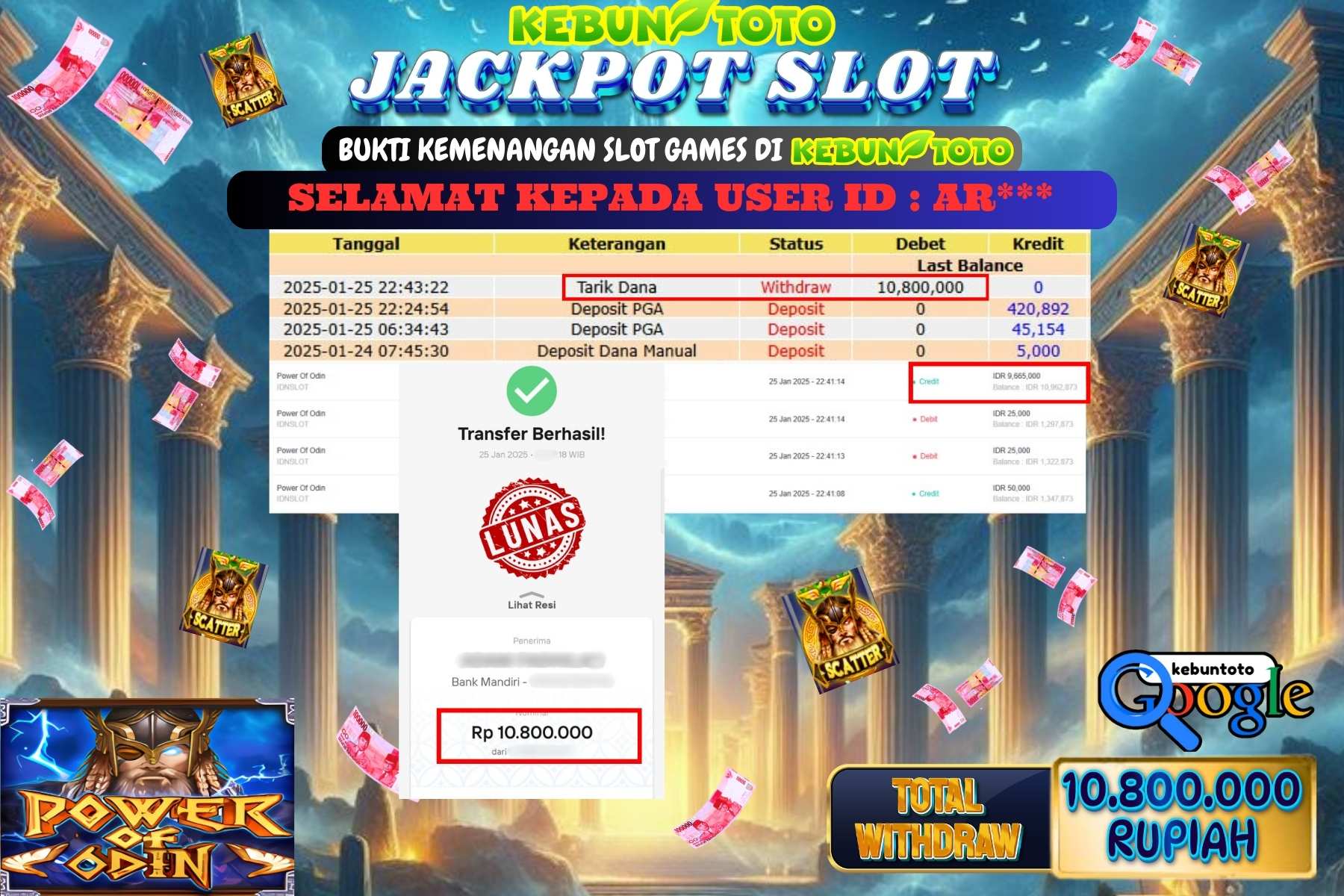 KEBUNTOTO JACKPOT SLOT POWER OF ODIN , Sebesar Rp.10.800.000,- LUNAS