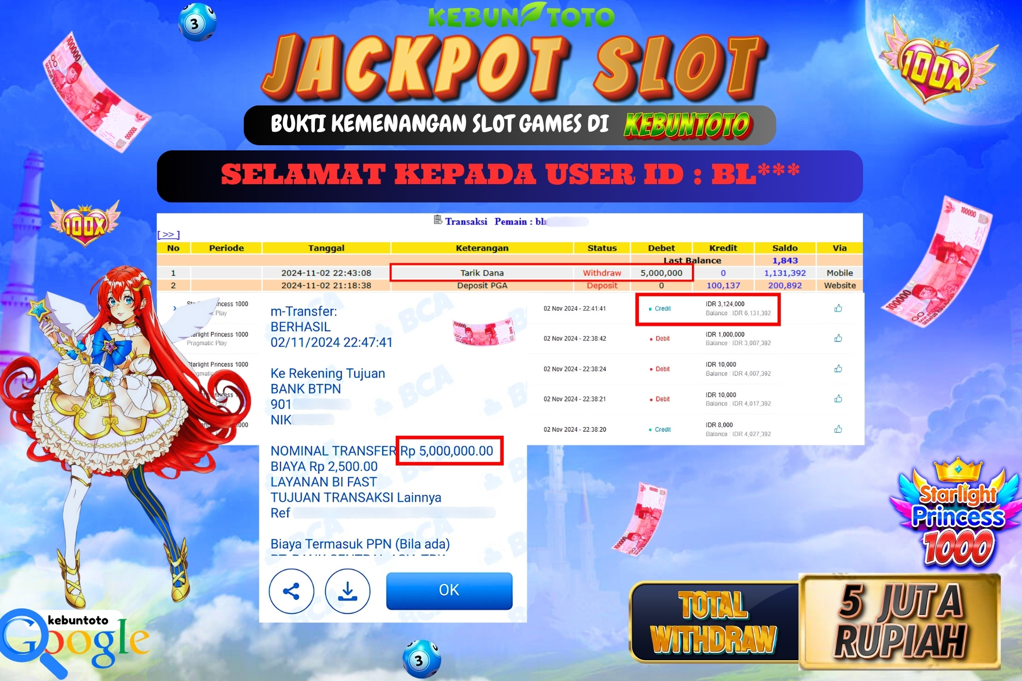 KEBUNTOTO JACKPOT SLOT STARLIGHT PRINCESS 1000 Rp.5.000.000,- LUNAS