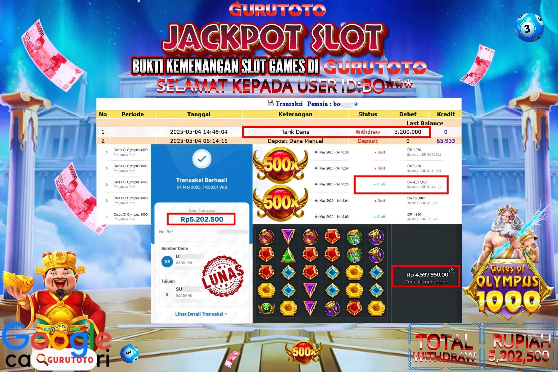 GURUTOTO JACKPOT, SLOT GATES OF OLYMPUS 1000, Sebesar Rp 5.202.500,- LUNAS