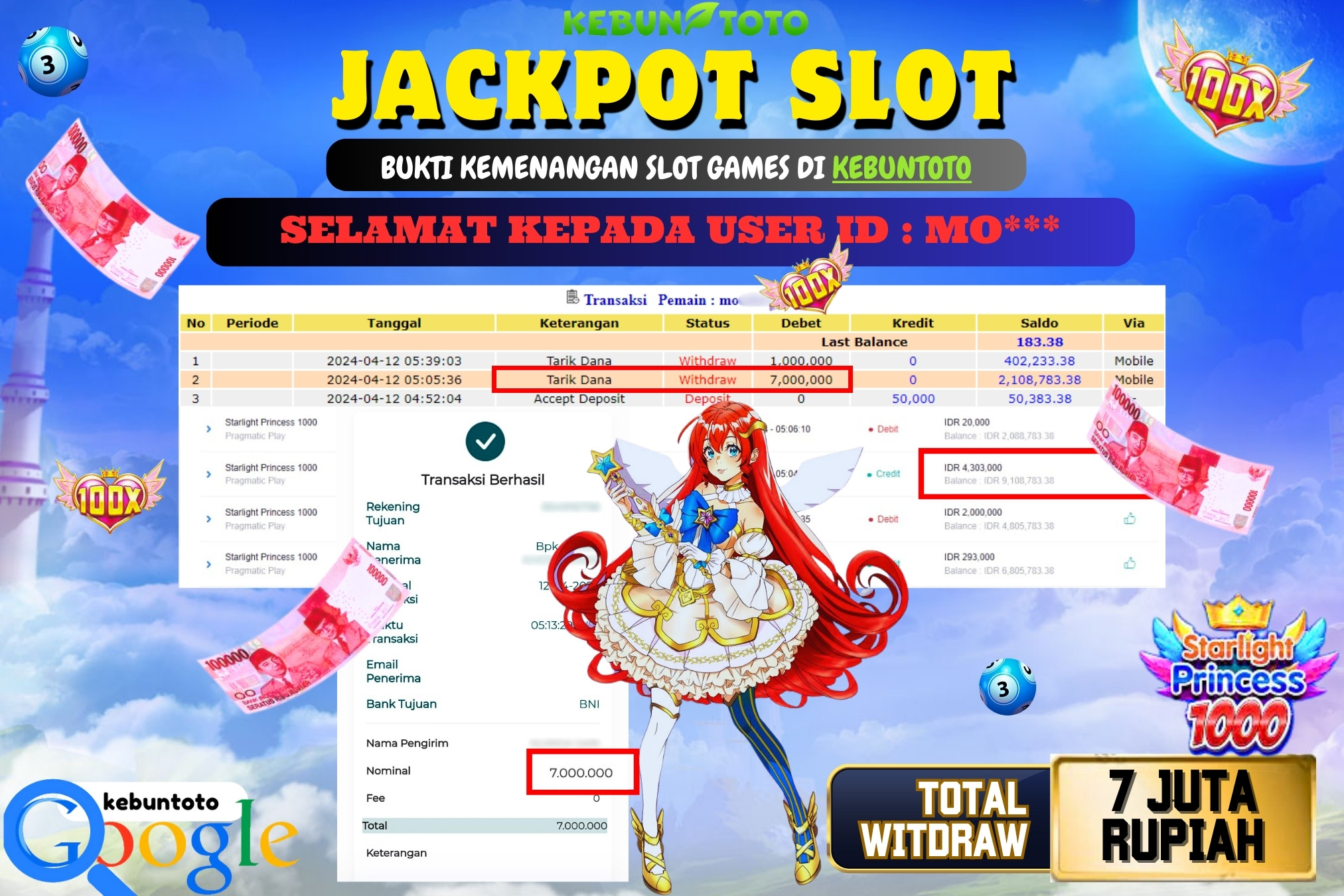 KEBUNTOTO JACKPOT SLOT STARLIGHT PRINCESS 1000 Rp.7.000.000,- LUNAS