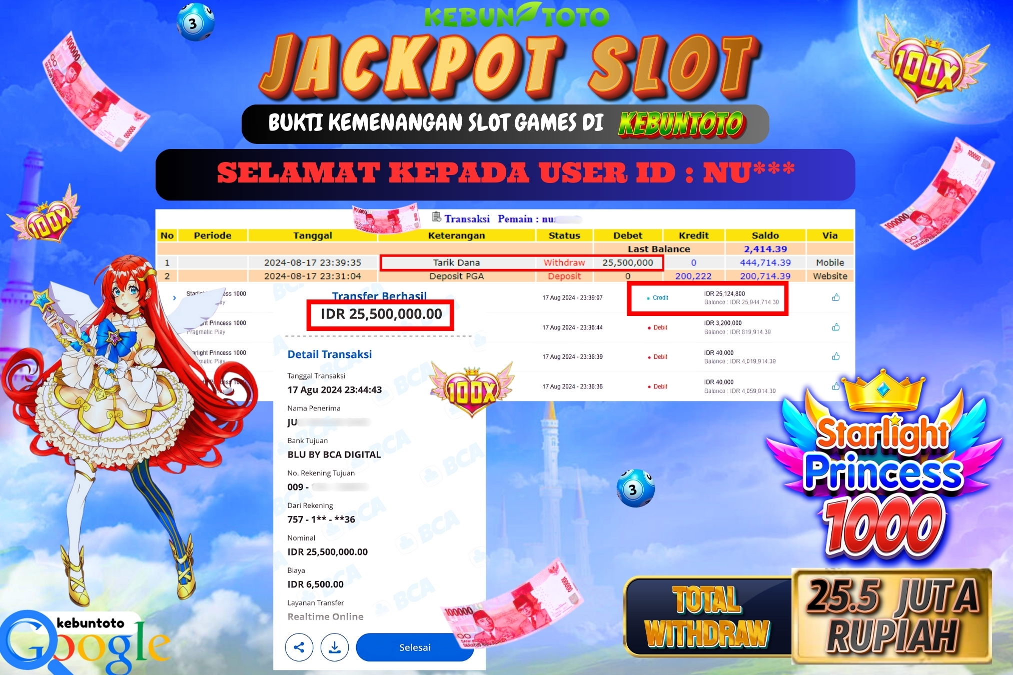 KEBUNTOTO JACKPOT SLOT STARLIGHT PRINCESS 1000 Rp.25.500.000,- LUNAS