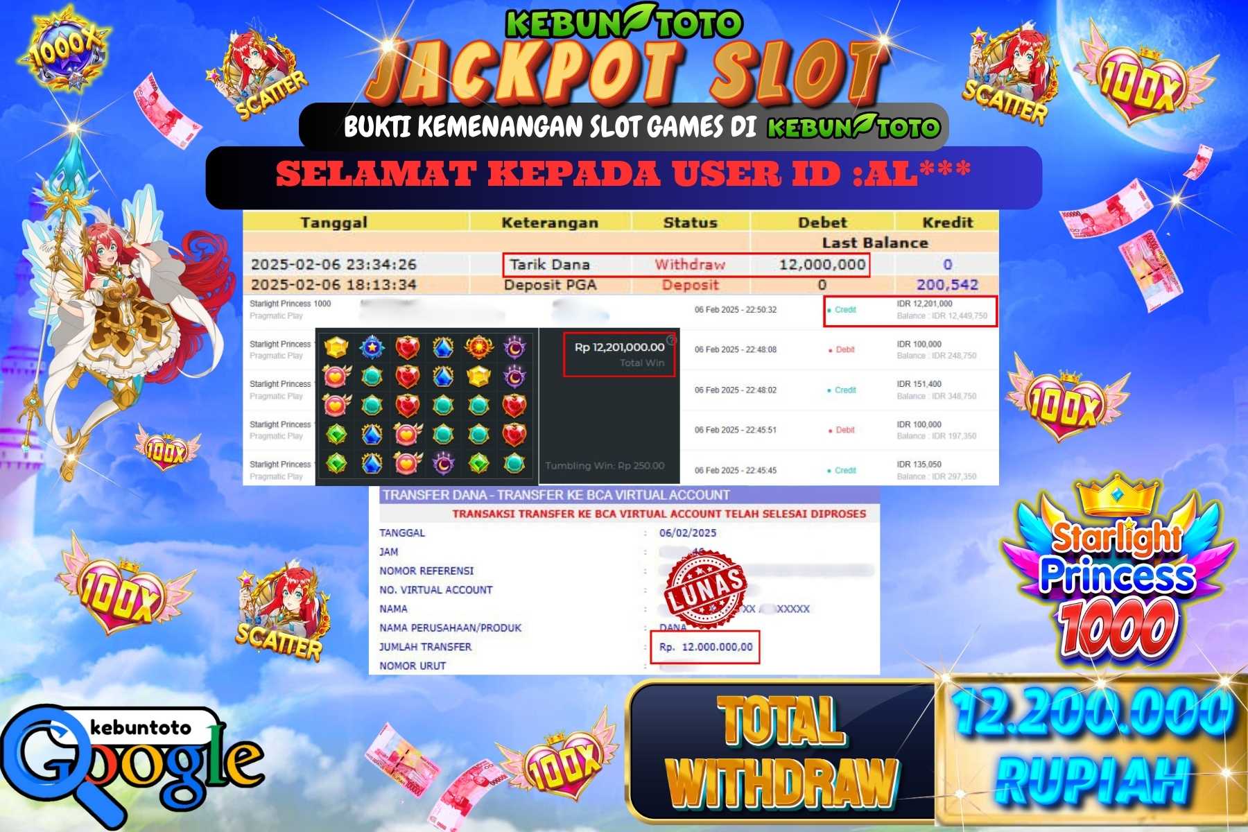 KEBUNTOTO JACKPOT SLOT STARLIGHT PRINCESS 1000 , Sebesar Rp 12.200.000,- LUNAS