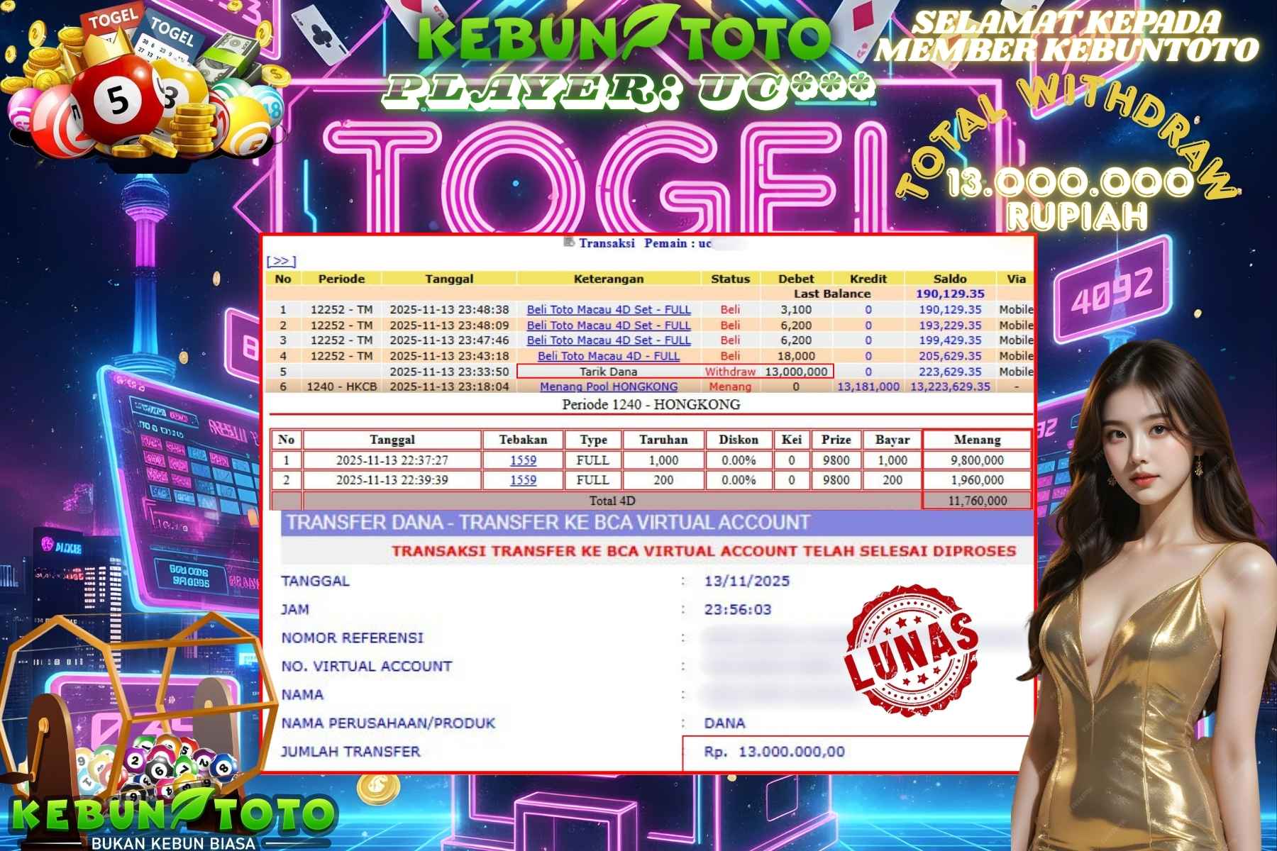 Bukti Kemenangan Rp 13.000.000 TOGEL HONGKONG di KEBUNTOTO!
