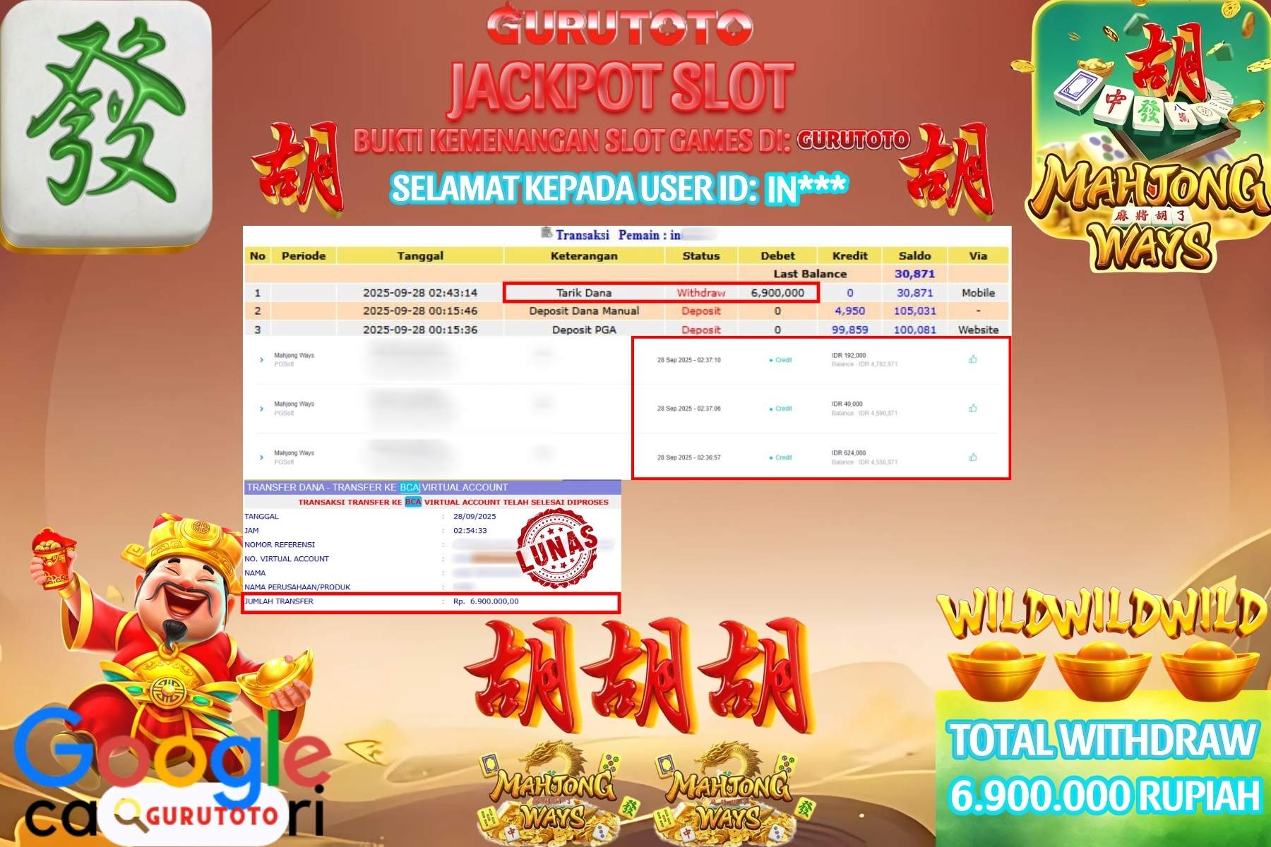 Bukti Kemenangan Rp 6.900.000 SLOT MAHJONG WAYS di GURUTOTO!