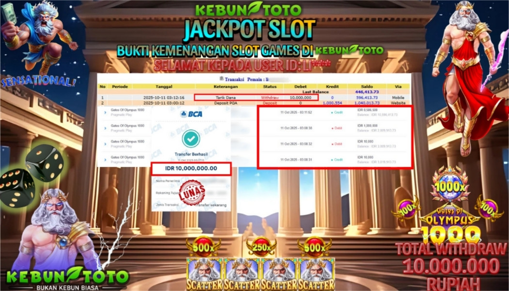 Bukti Kemenangan Rp 10.000.000 SLOT GATES OF OLYMPUS 1000 di KEBUNTOTO!