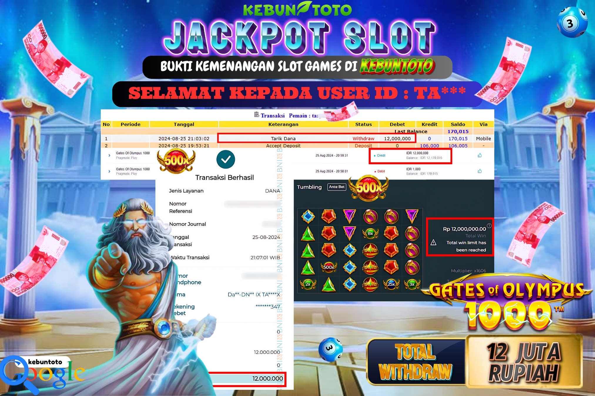 KEBUNTOTO JACKPOT SLOT GATES OF OLYMPUS 1000 Rp.12.000.000,- LUNAS