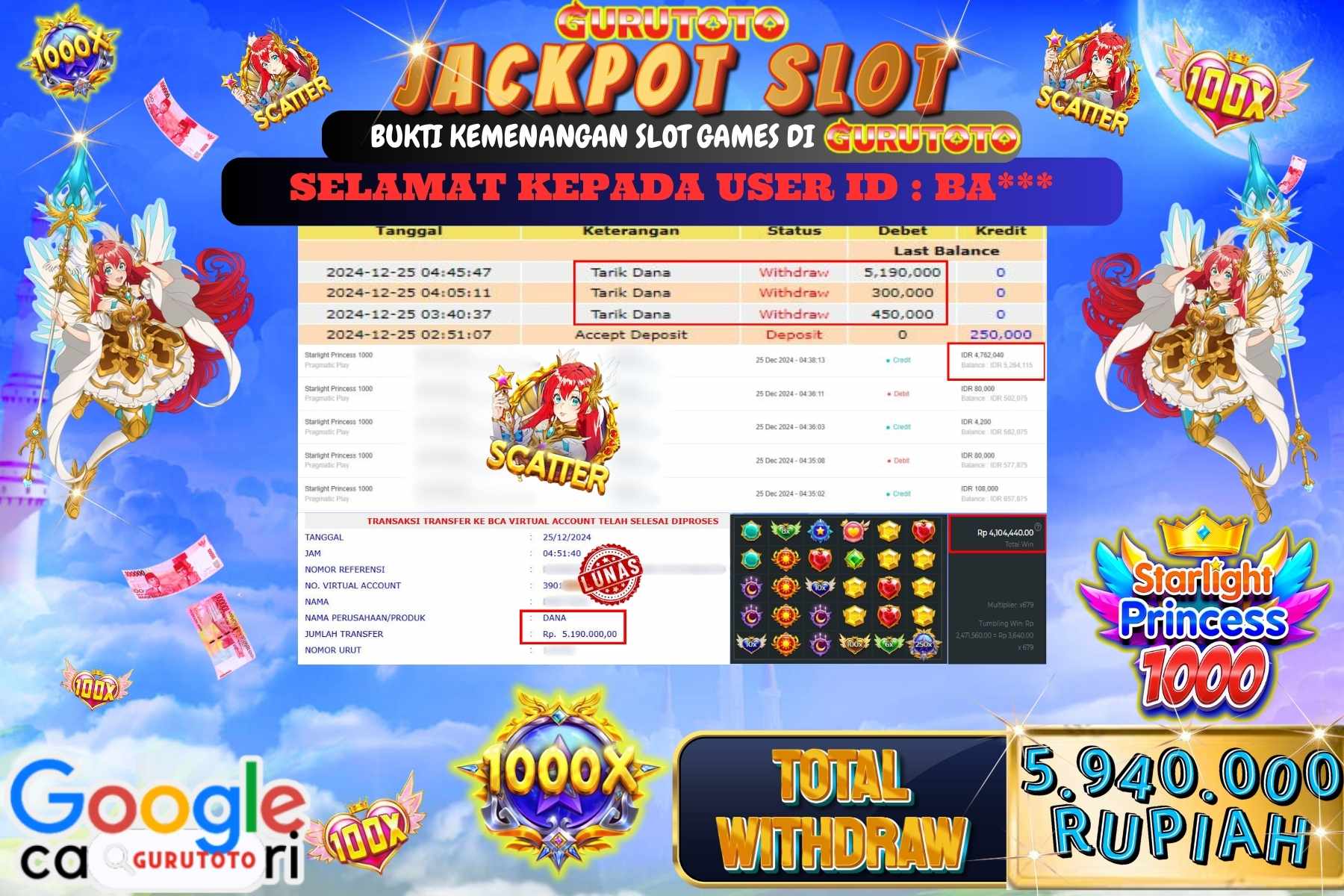 GURUTOTO, JACKPOT SLOT STARLIGHT PRINCESS 1000 sebesar Rp.5.940.000,- dibayar lunas.