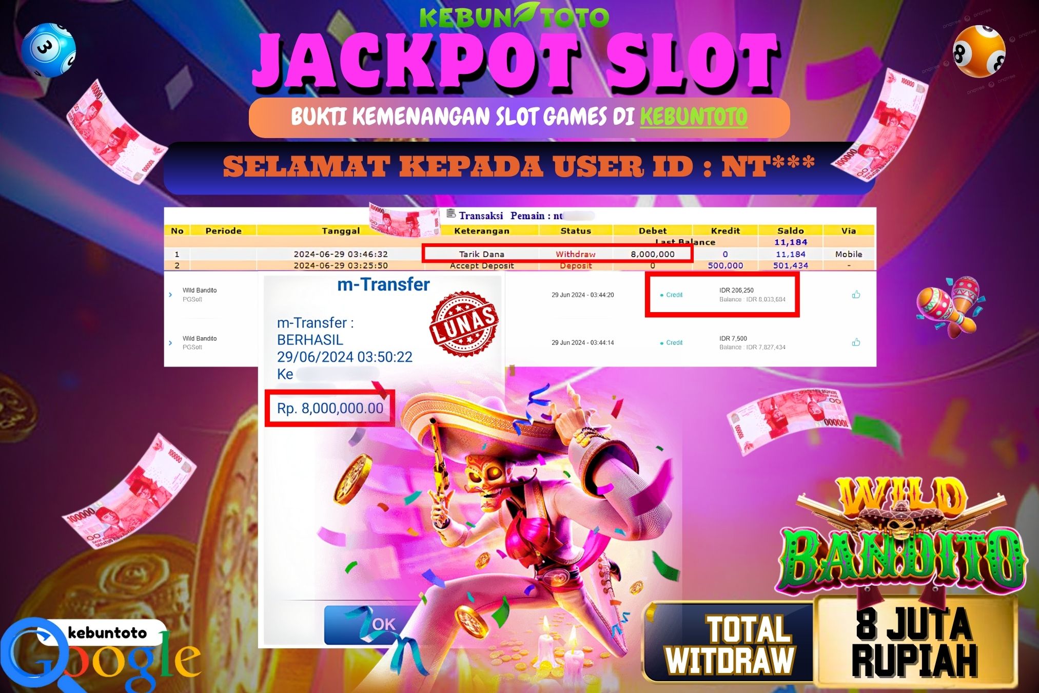 KEBUNTOTO JACKPOT SLOT WILD BANDITO Rp.8.000.000,- LUNAS