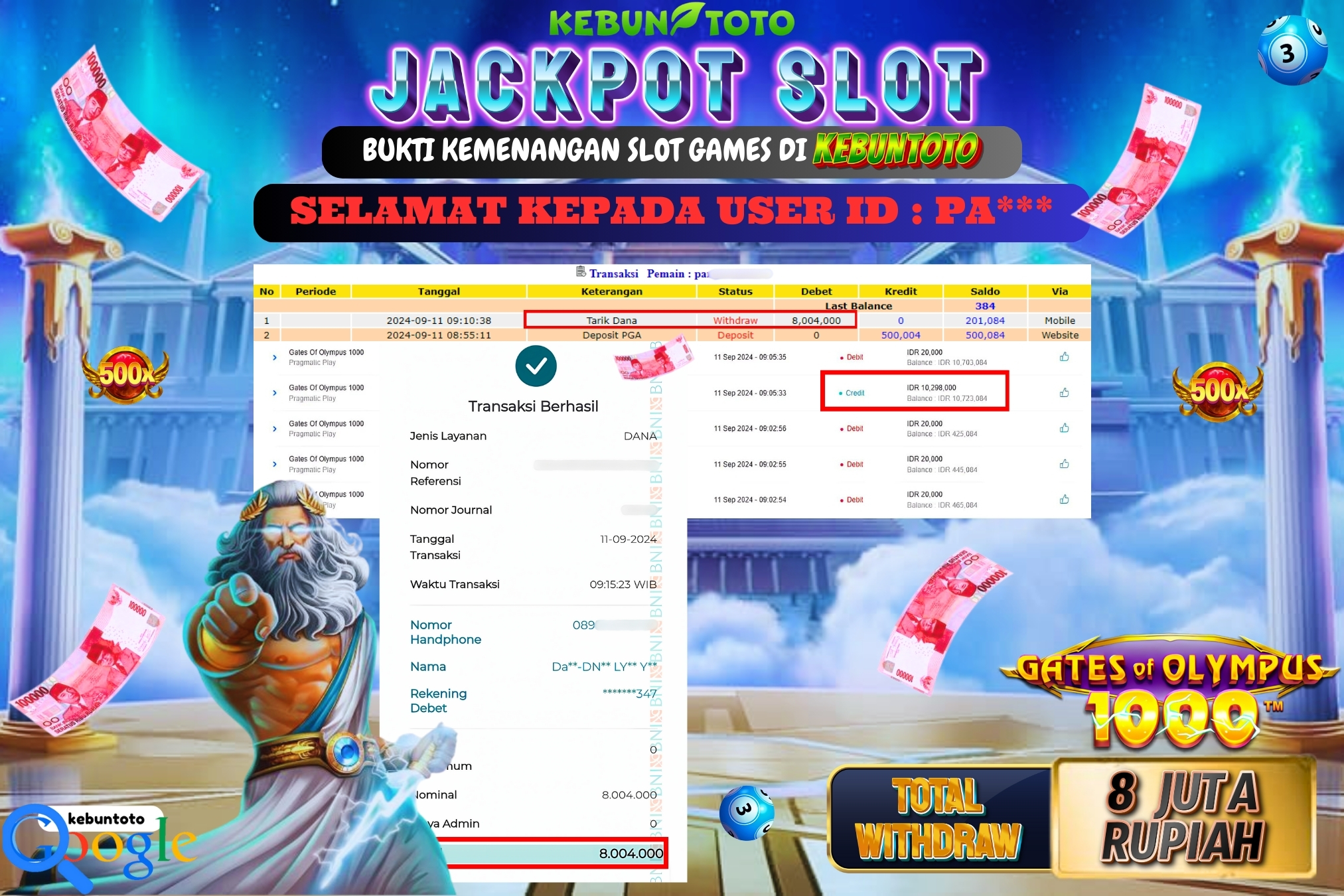 KEBUNTOTO JACKPOT SLOT GATES OF OLYMPUS 1000 Rp.8.004.000,- LUNAS
