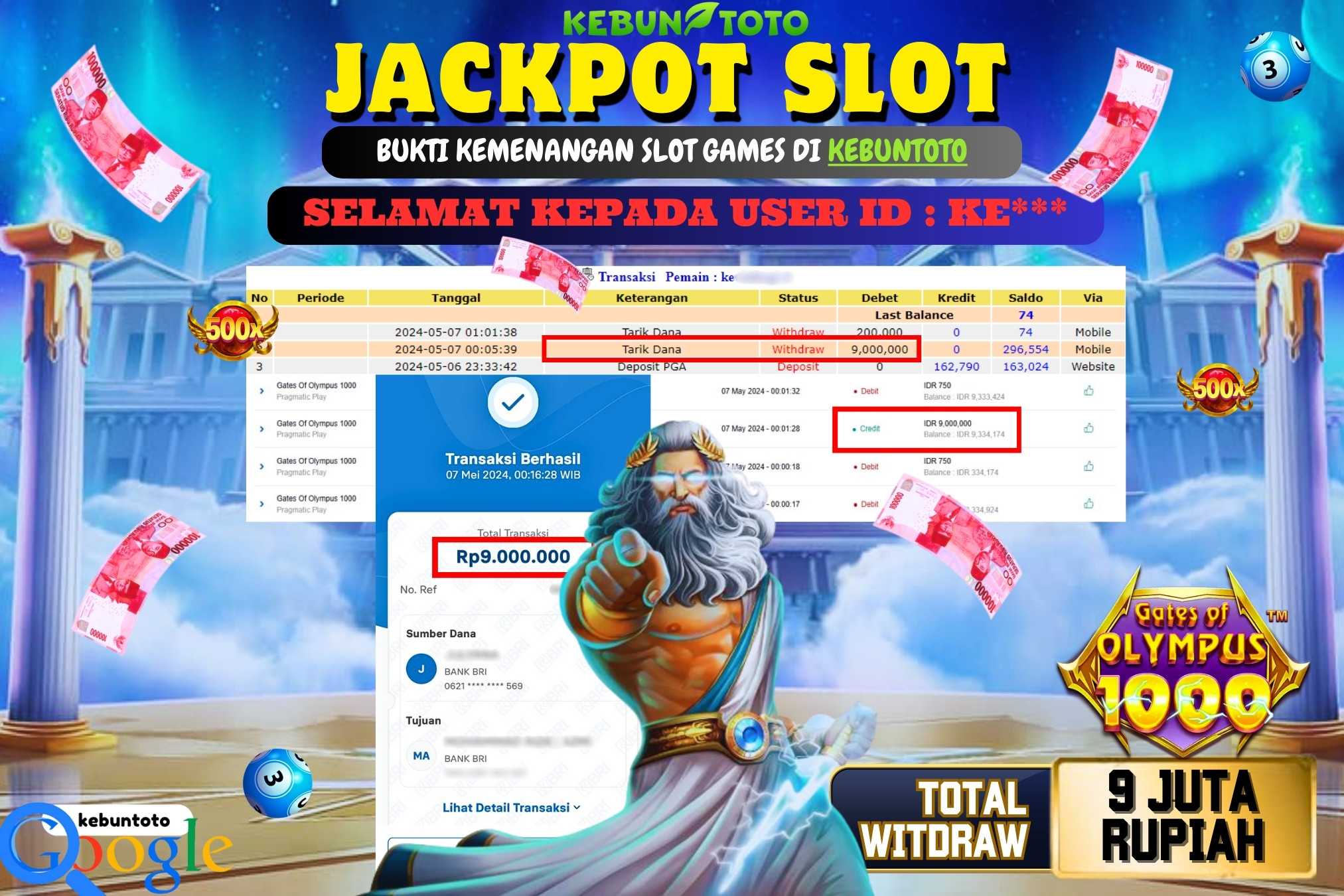 KEBUNTOTO JACKPOT SLOT GATES OF OLYMPUS 1000 Rp.9.000.000,- LUNAS