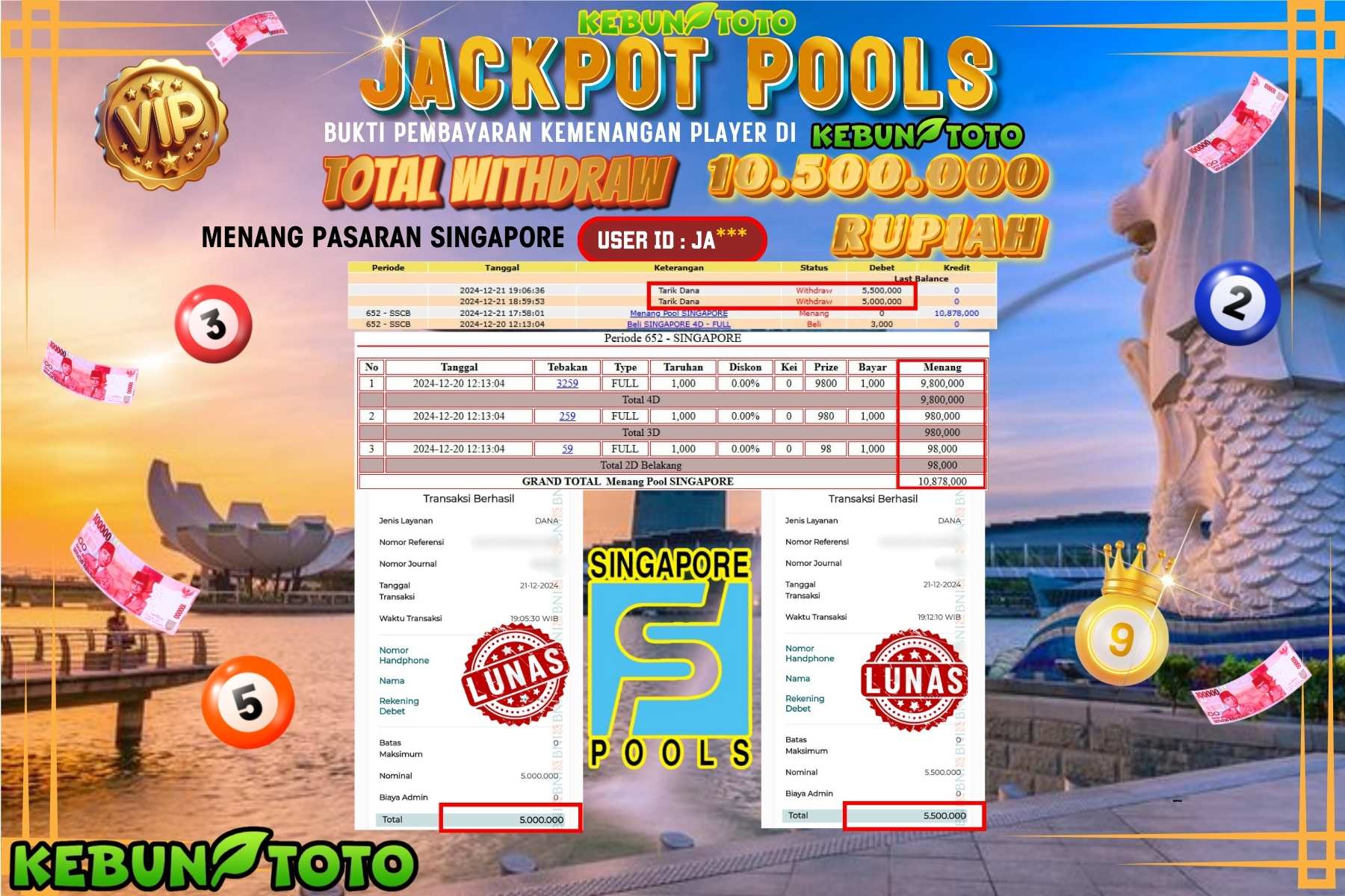 KEBUNTOTO JACKPOT TOTO SINGAPORE POOLS , Sebesar Rp.10.500.000,- LUNAS
