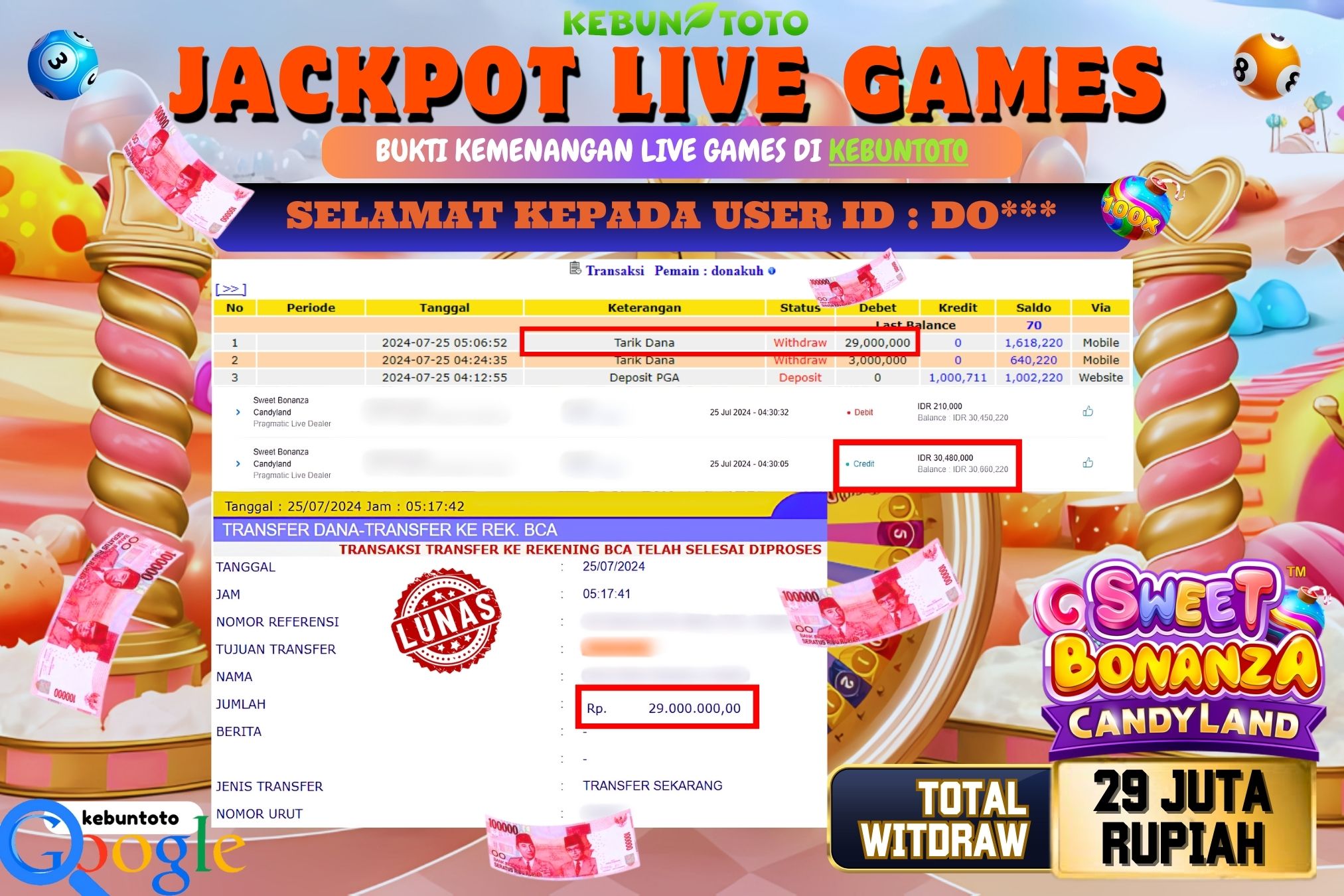 KEBUNTOTO JACKPOT LIVE GAMES SWEET BONANZA CANDYLAND Rp.29.000.000,- LUNAS