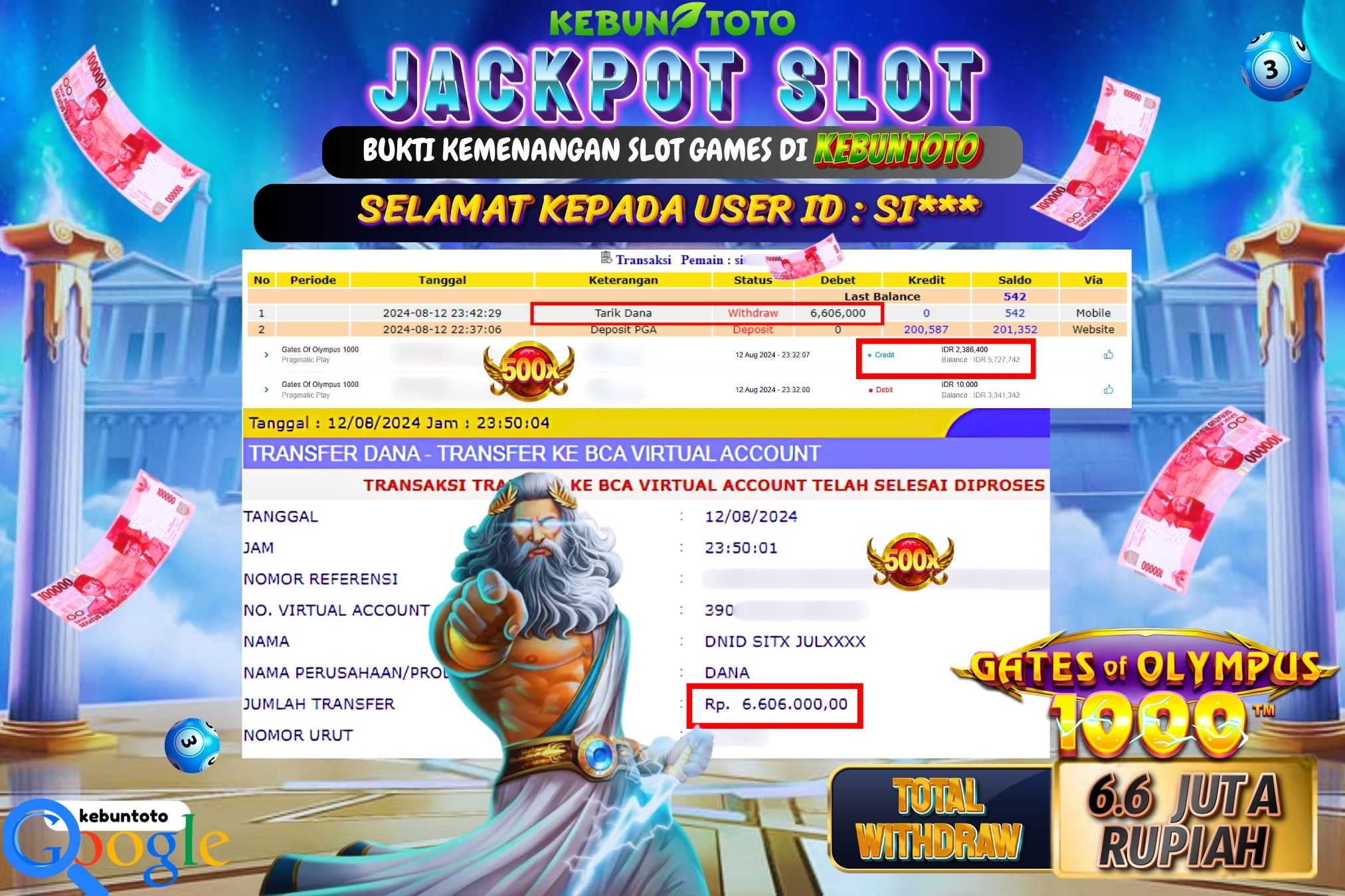 KEBUNTOTO JACKPOT SLOT GATES OF OLYMPUS 1000 Rp.6.606.000,- LUNAS