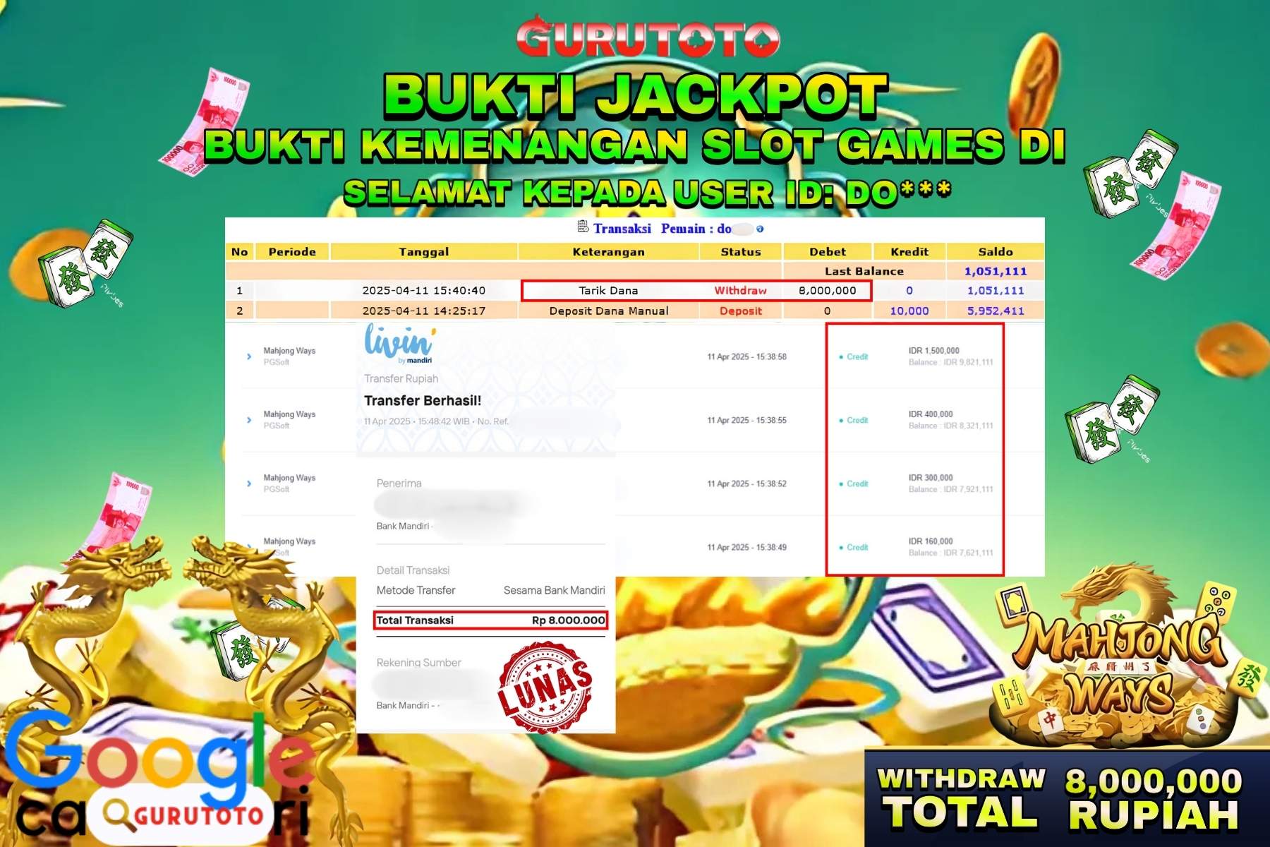 GURUTOTO JACKPOT, SLOT MAHJONG WAYS , Sebesar Rp 8.000.000,- LUNAS