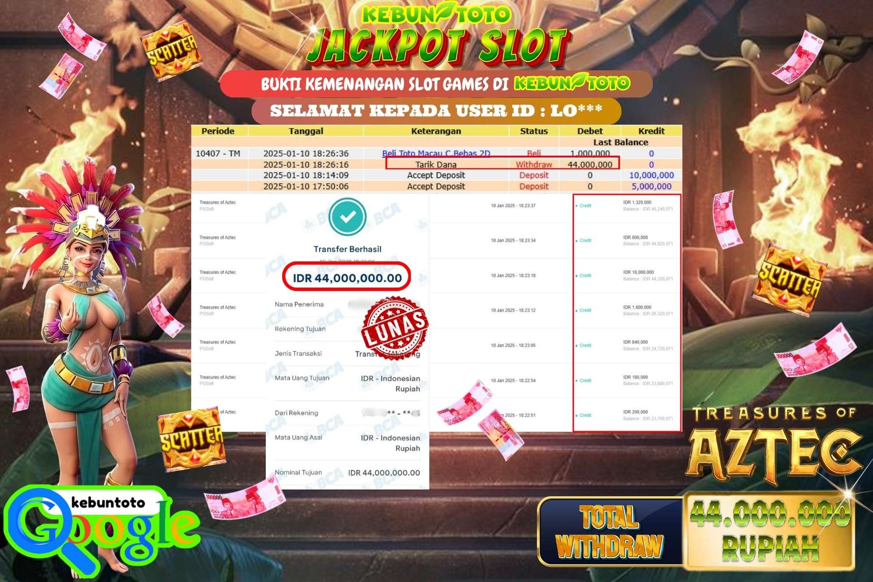 KEBUNTOTO JACKPOT SLOT TREASURES OF AZTEC , Sebesar Rp.44.000.000,- LUNAS