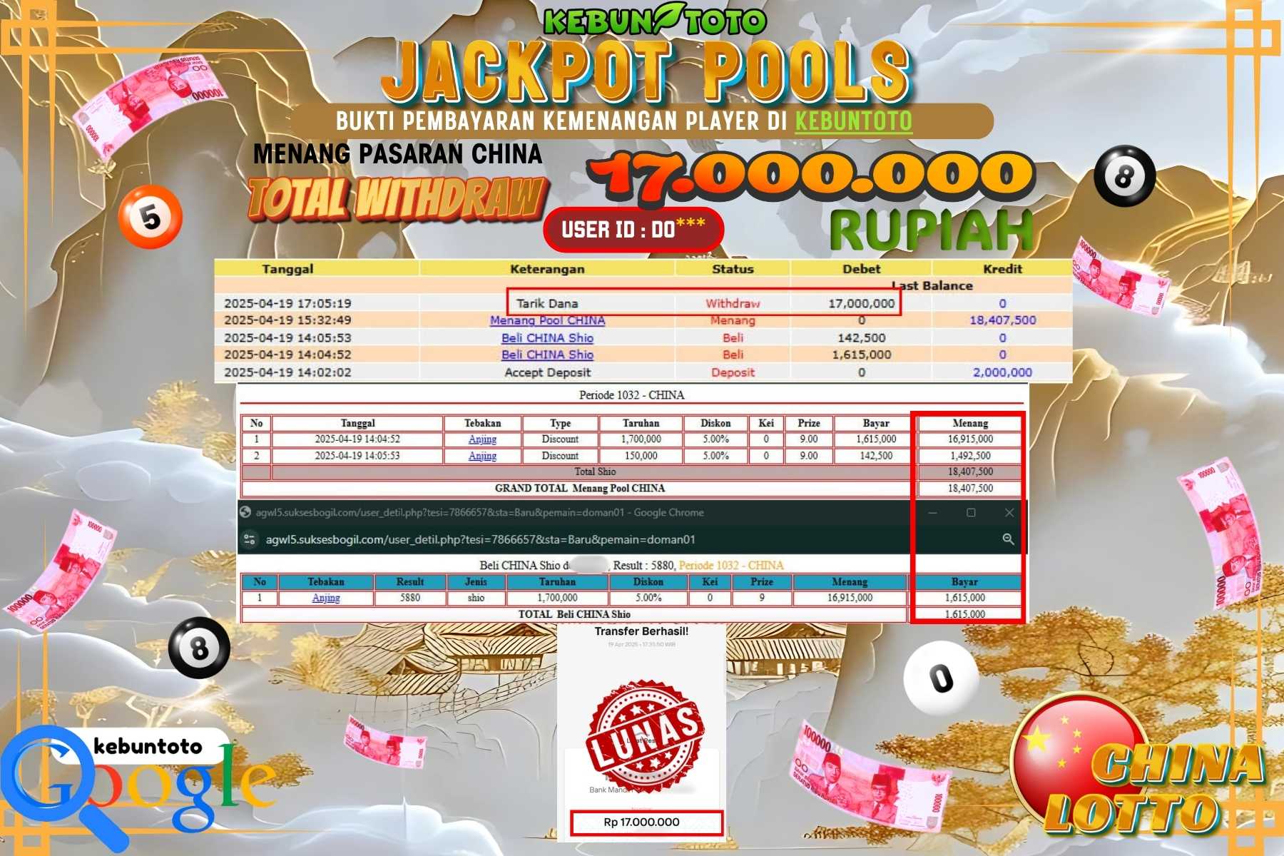 KEBUNTOTO JACKPOT, TOTO CHINA POOLS Rp 17.000.000,- LUNAS