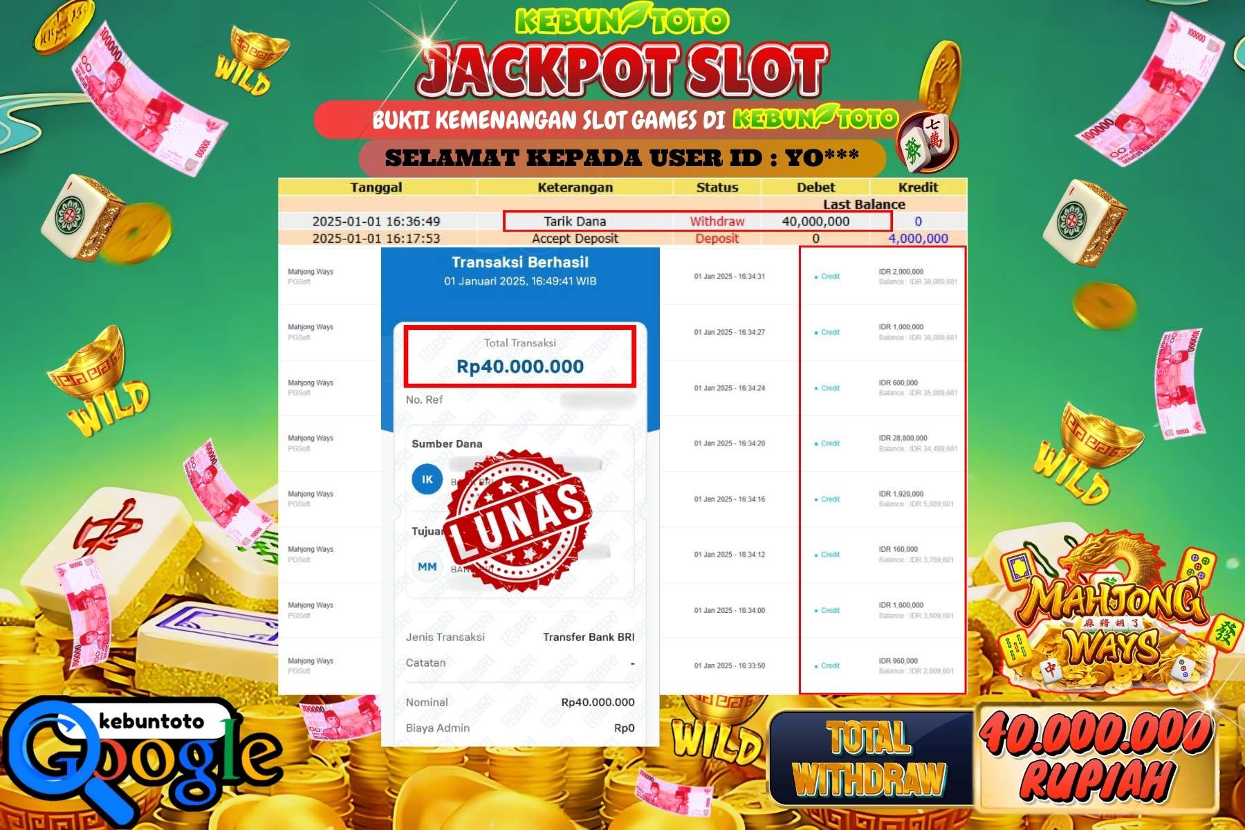 KEBUNTOTO JACKPOT SLOT MAHJONG WAYS , Sebesar Rp.40.000.000,- LUNAS