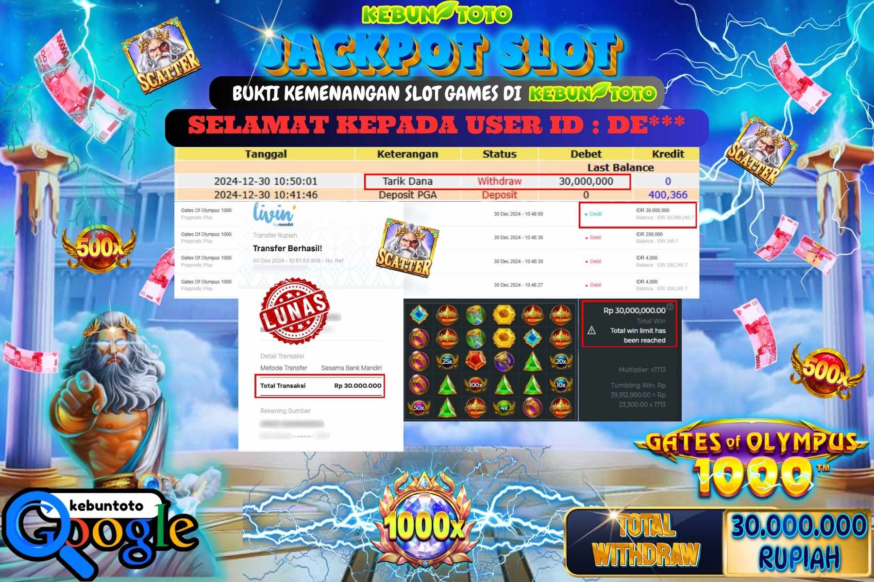 KEBUNTOTO JACKPOT SLOT GATES OF OLYMPUS 1000 , Sebesar Rp.30.000.000,- LUNAS
