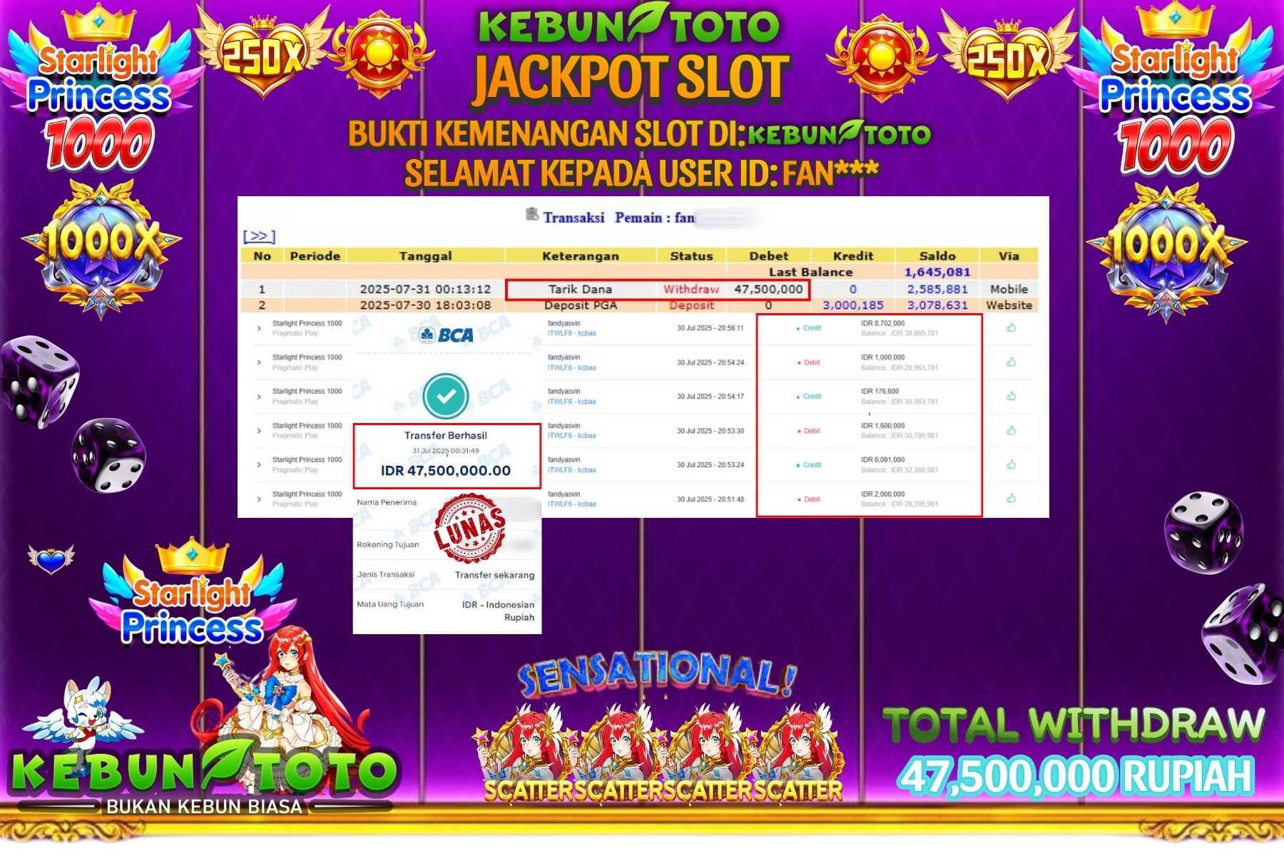 Bukti Kemenangan Rp 47.500.000 SLOT STARLIGHT PRINCESS 1000 di KEBUNTOTO!