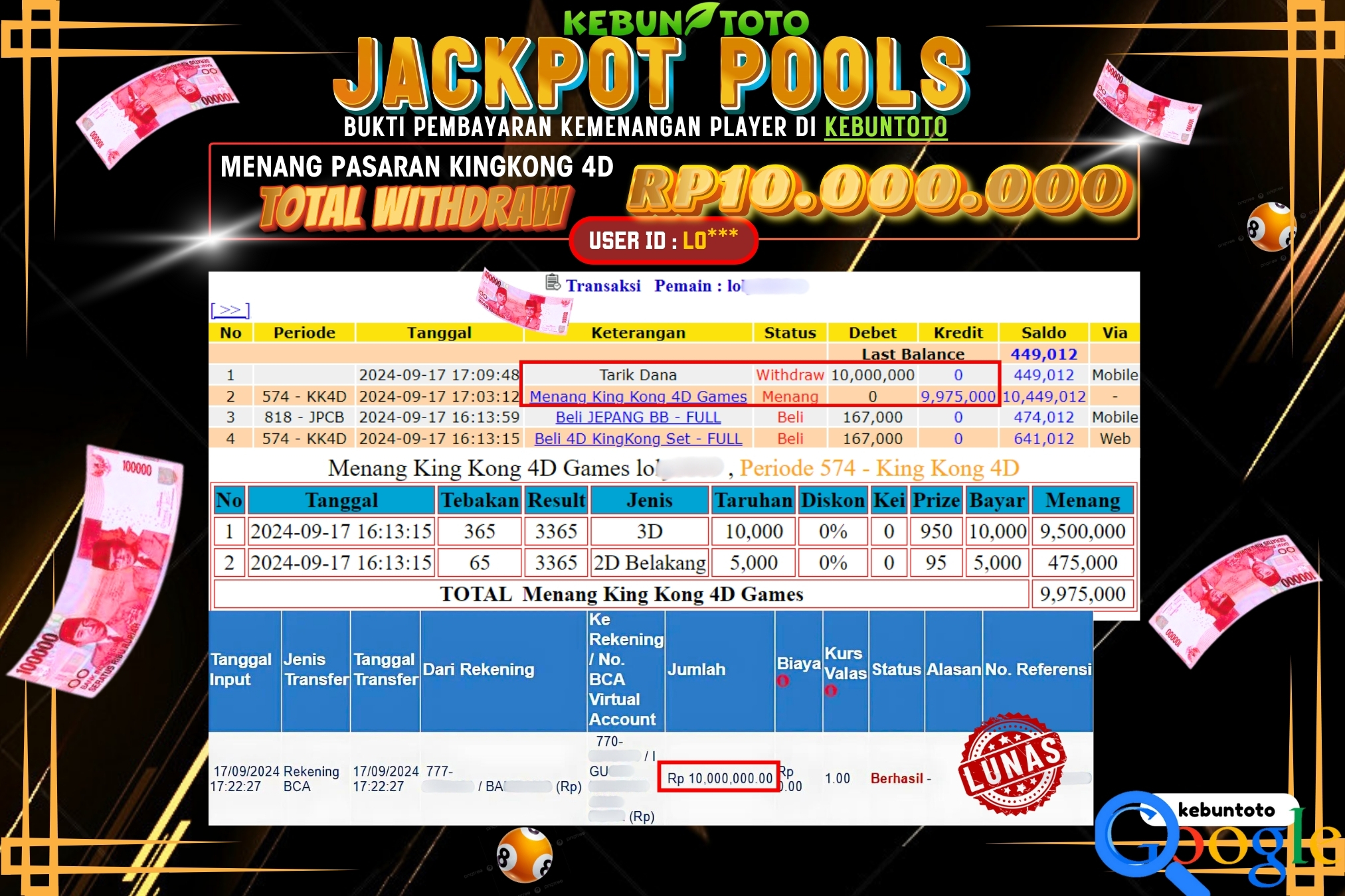 KEBUNTOTO JACKPOT TOGEL PASARAN KINGKONG 4D Rp.10.000.000,- LUNAS