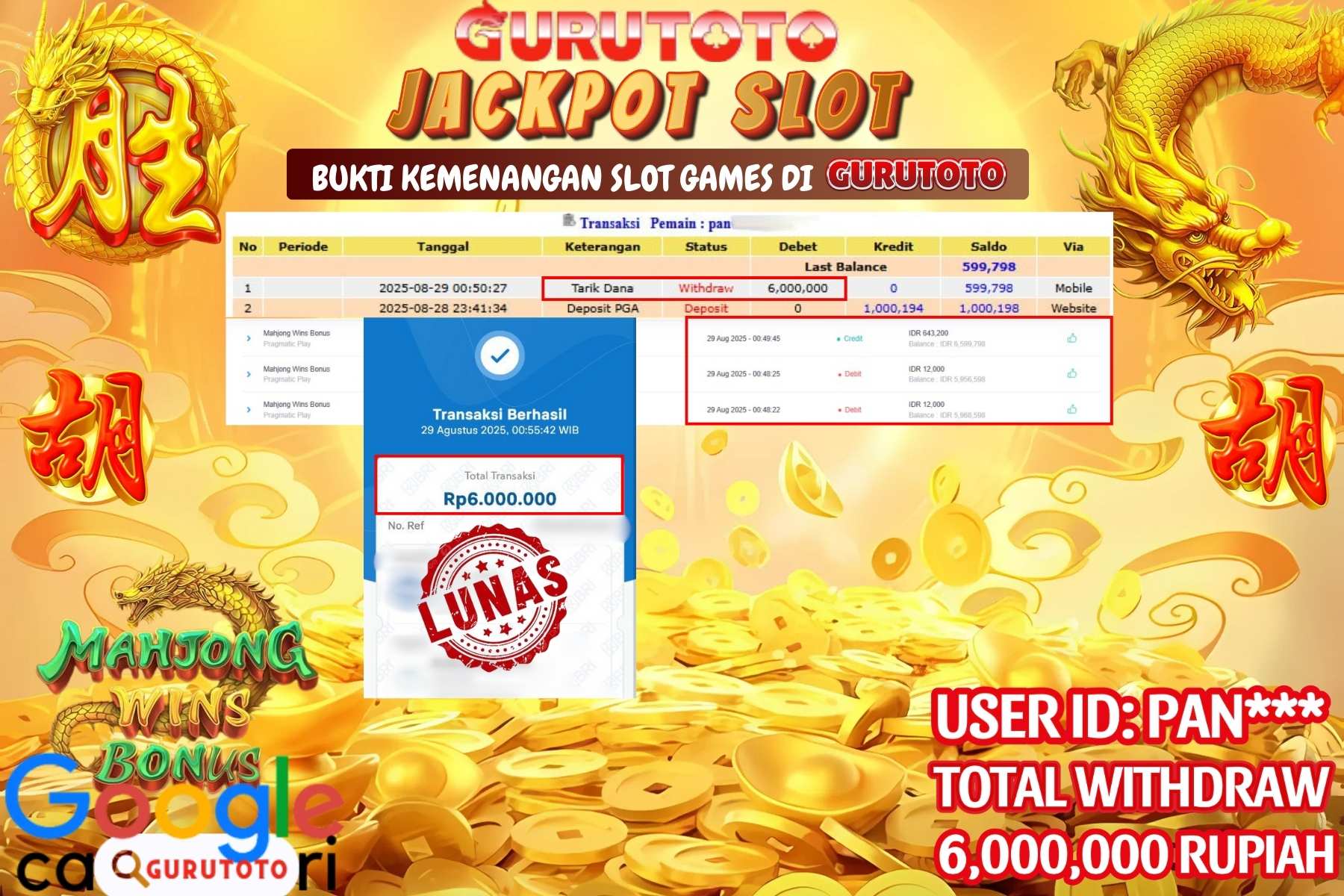 Bukti Kemenangan Rp 6.000.000 SLOT MAHJONG WINS BONUS di GURUTOTO!