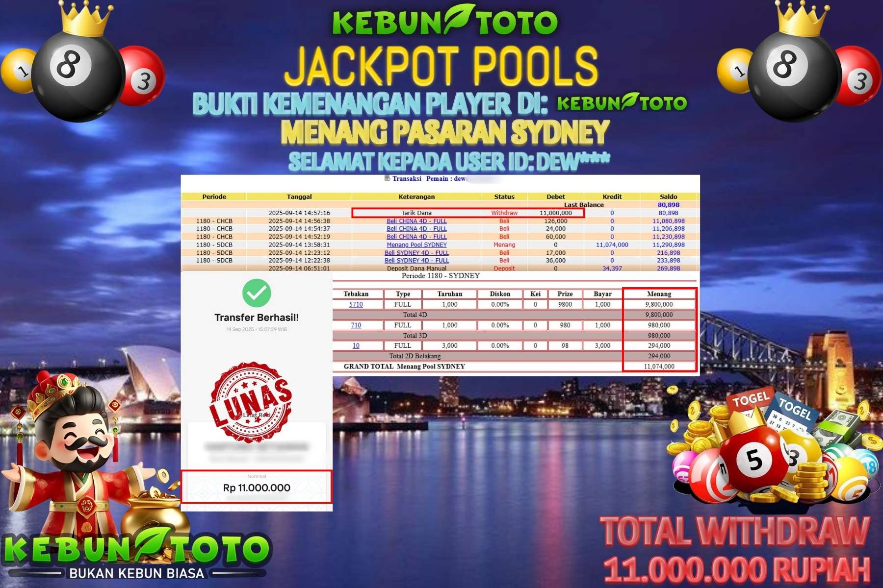 Bukti Kemenangan Rp 11.000.000 TOGEL SYDNEY di KEBUNTOTO!
