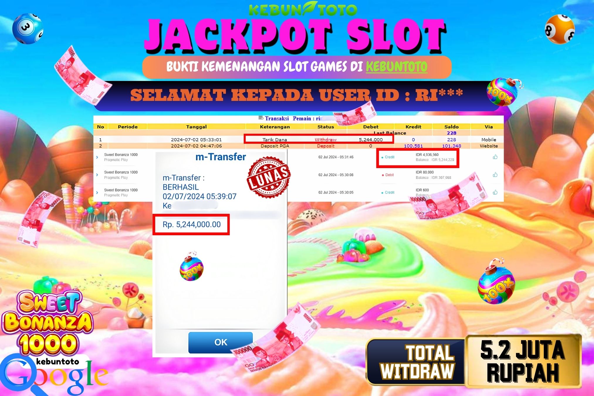 KEBUNTOTO JACKPOT SLOT SWEET BONANZA 1000 Rp.5.244.000,- LUNAS