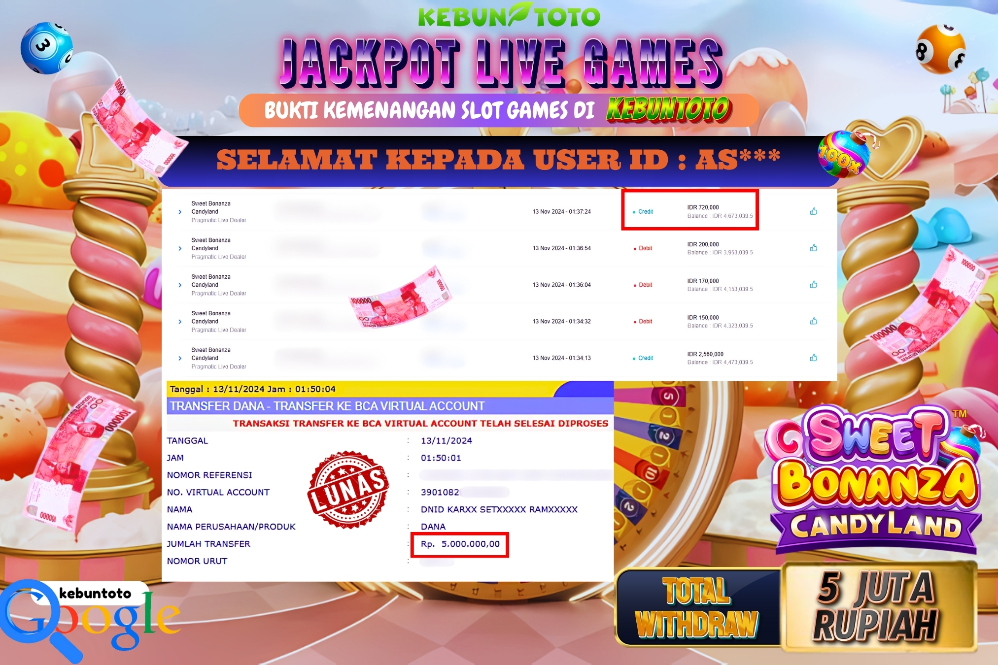 KEBUNTOTO JACKPOT LIVE GAMES SWEET BONANZA CANDYLAND Rp.5.000.000,- LUNAS