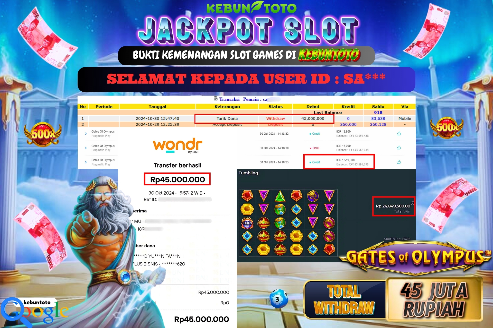KEBUNTOTO JACKPOT SLOT GATES OF OLYMPUS Rp.45.000.000,- LUNAS
