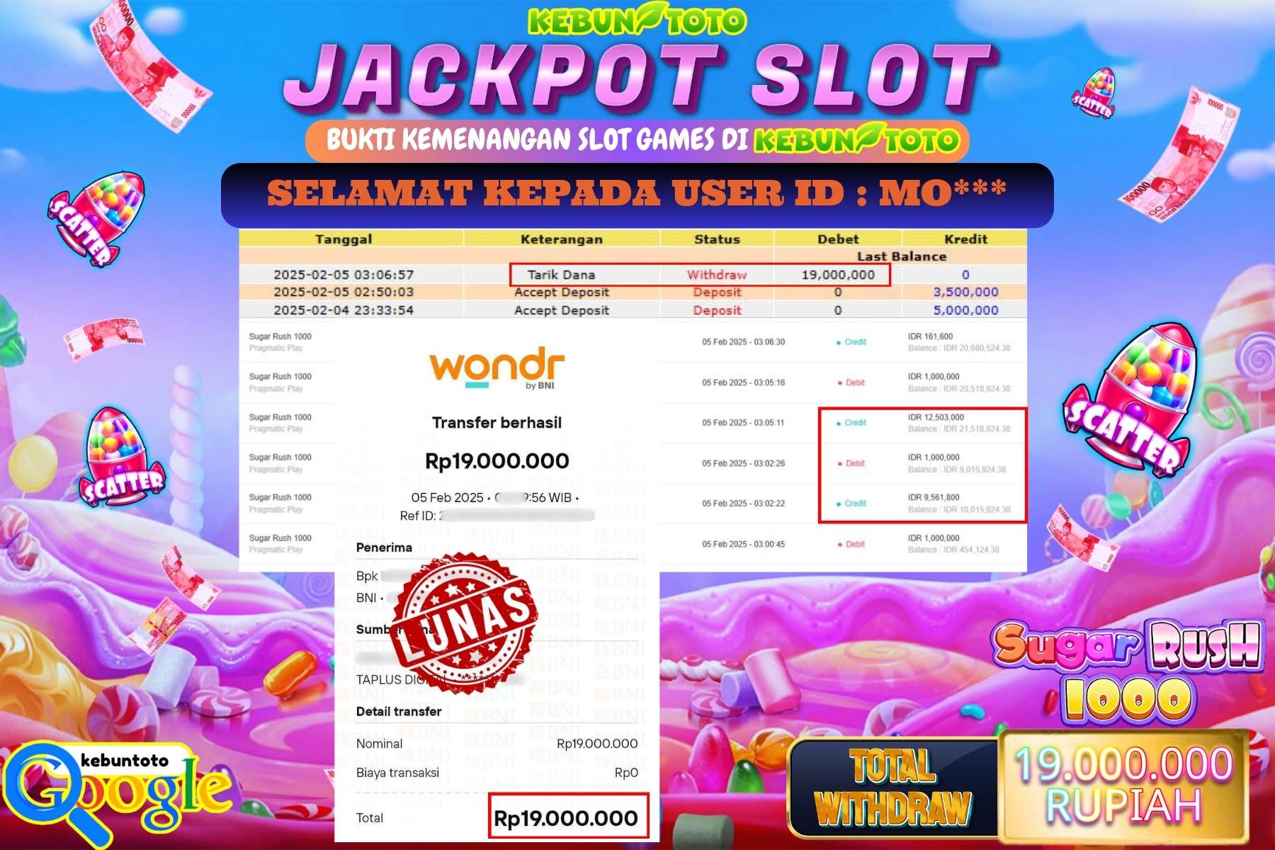 KEBUNTOTO JACKPOT SLOT SUGAR RUSH 1000 , Sebesar Rp 19.000.000,- LUNAS