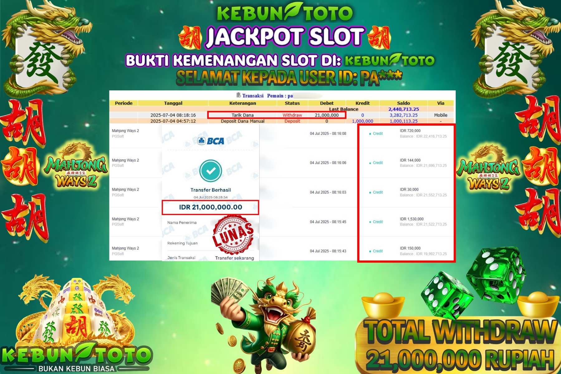 Bukti Kemenangan Rp 21.000.000 SLOT MAHJONG WAYS 2 di KEBUNTOTO!