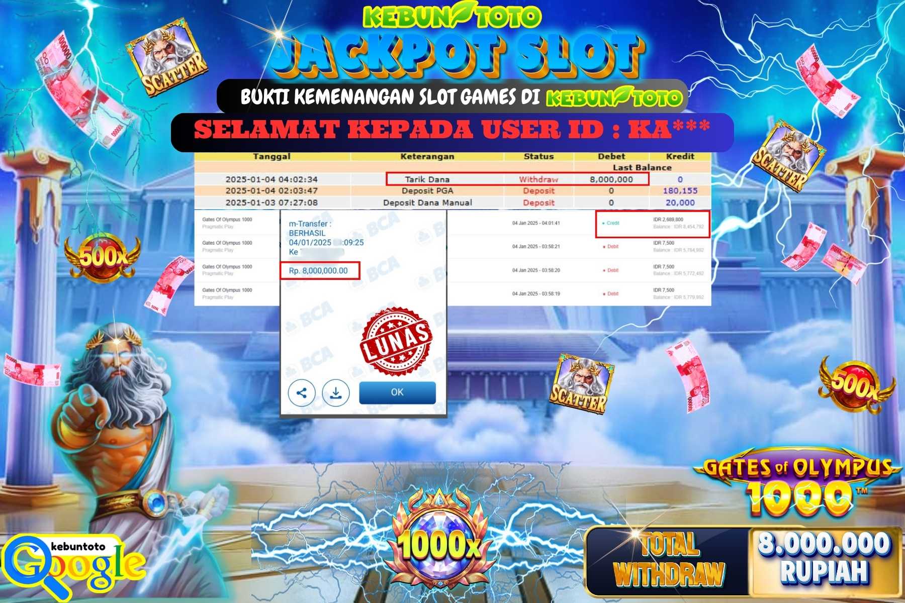 KEBUNTOTO JACKPOT SLOT GATES OF OLYMPUS 1000 , Sebesar Rp.8.000.000,- LUNAS