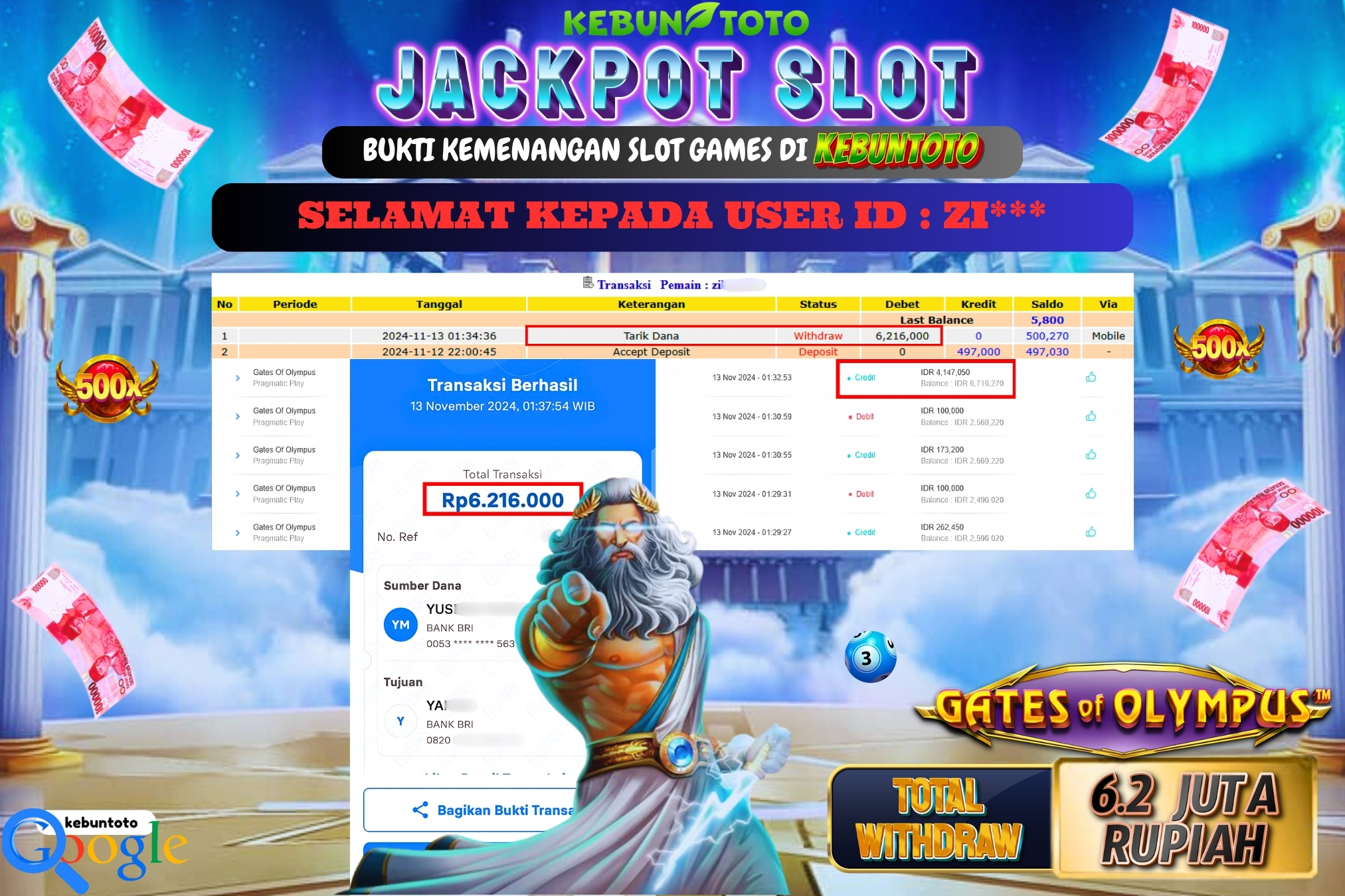 KEBUNTOTO JACKPOT SLOT GATES OF OLYMPUS Rp.6.216.000,- LUNAS
