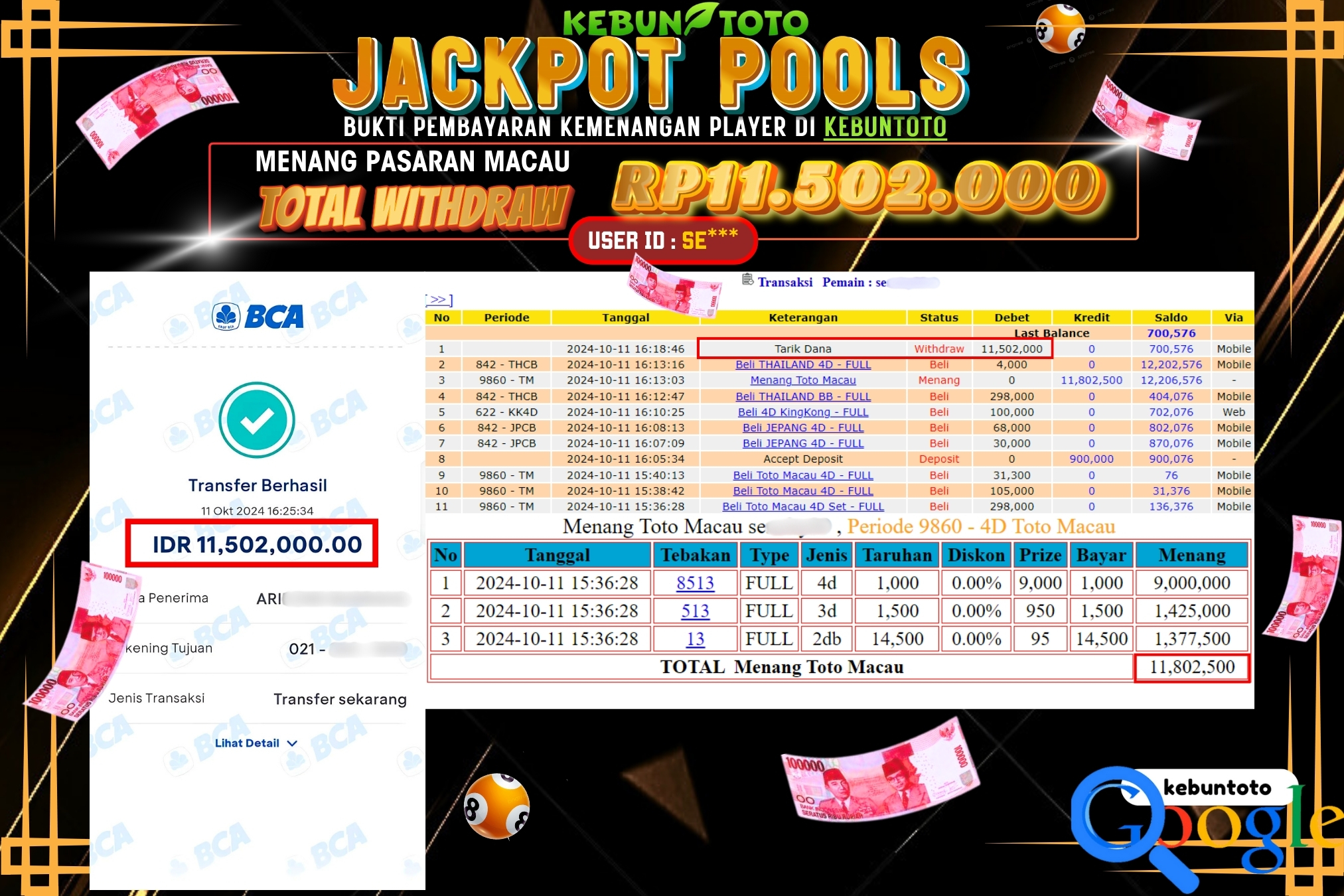 KEBUNTOTO JACKPOT TOGEL PASARAN MACAU Rp.11.502.000,- LUNAS