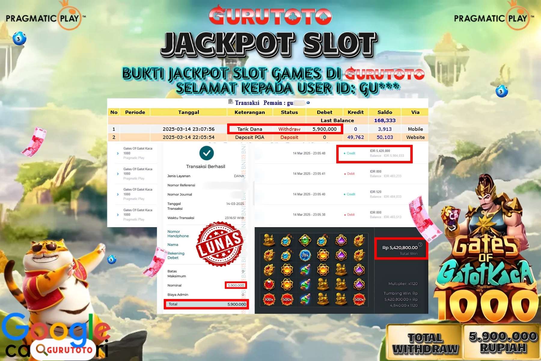 GURUTOTO JACKPOT, GATES OF GATOTKACA 1000, Sebesar Rp 5.900.000,- LUNAS