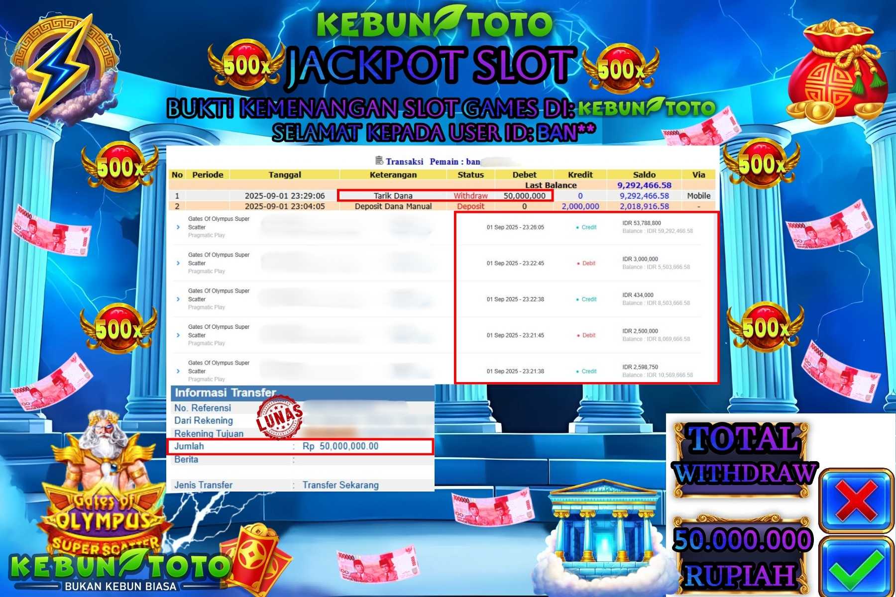 Bukti Kemenangan Rp 50.000.000 SLOT GATES OF OLYMPUS SUPER SCATTER di KEBUNTOTO!