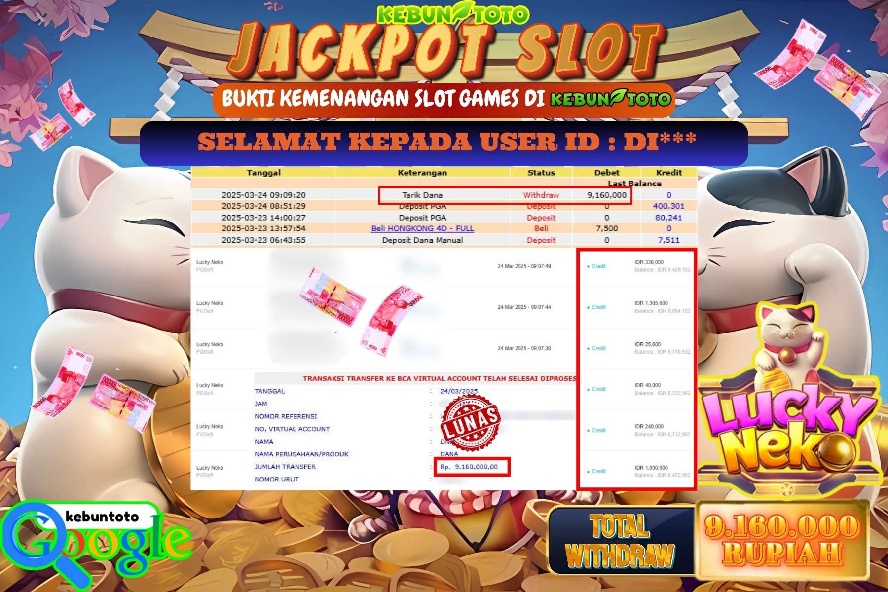 KEBUNTOTO JACKPOT, SLOT LUCKY NEKO Sebesar Rp 9.160.000,- LUNAS