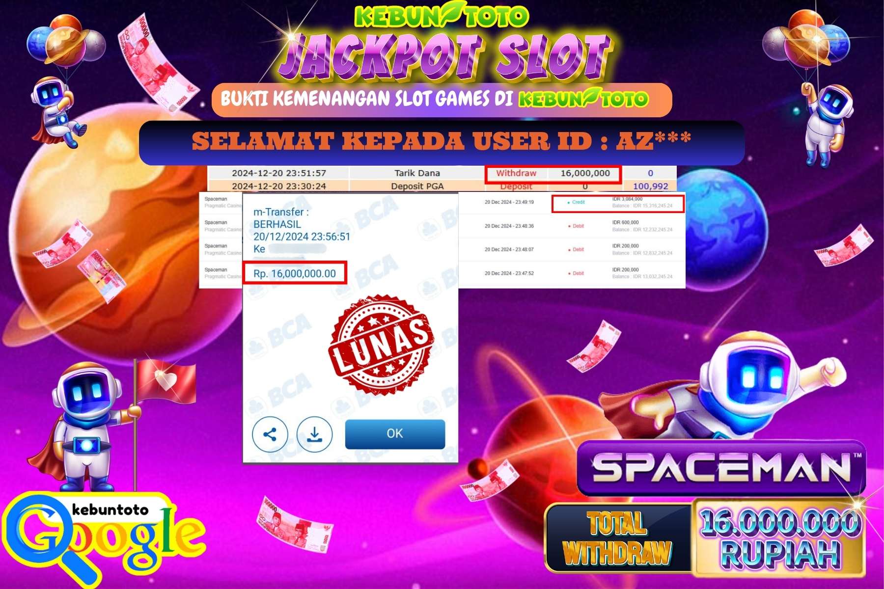 KEBUNTOTO JACKPOT SLOT SPACEMAN , Sebesar Rp.16.000.000,- LUNAS
