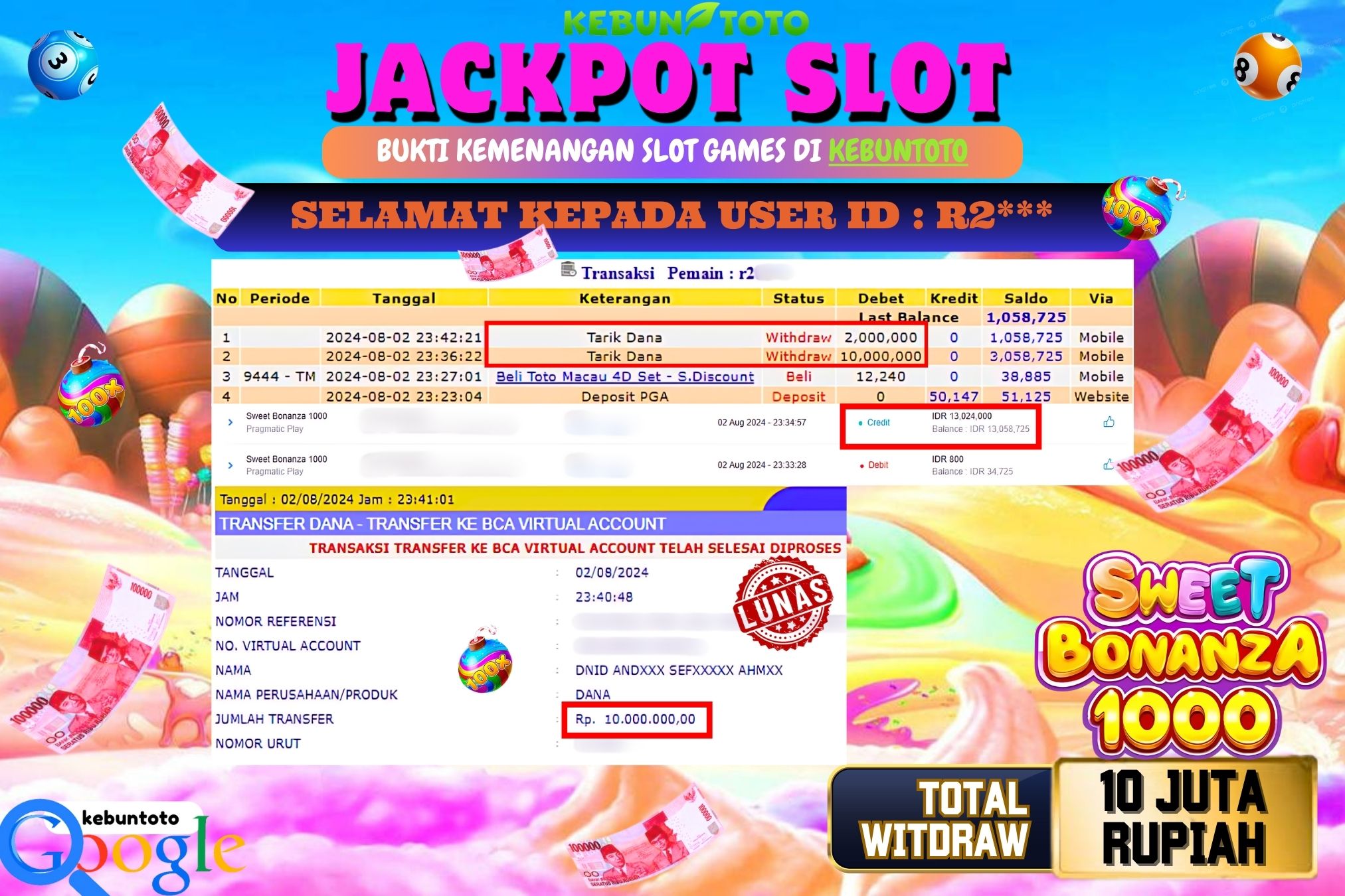 KEBUNTOTO JACKPOT SLOT SWEET BONANZA 1000 Rp.10.000.000,- LUNAS