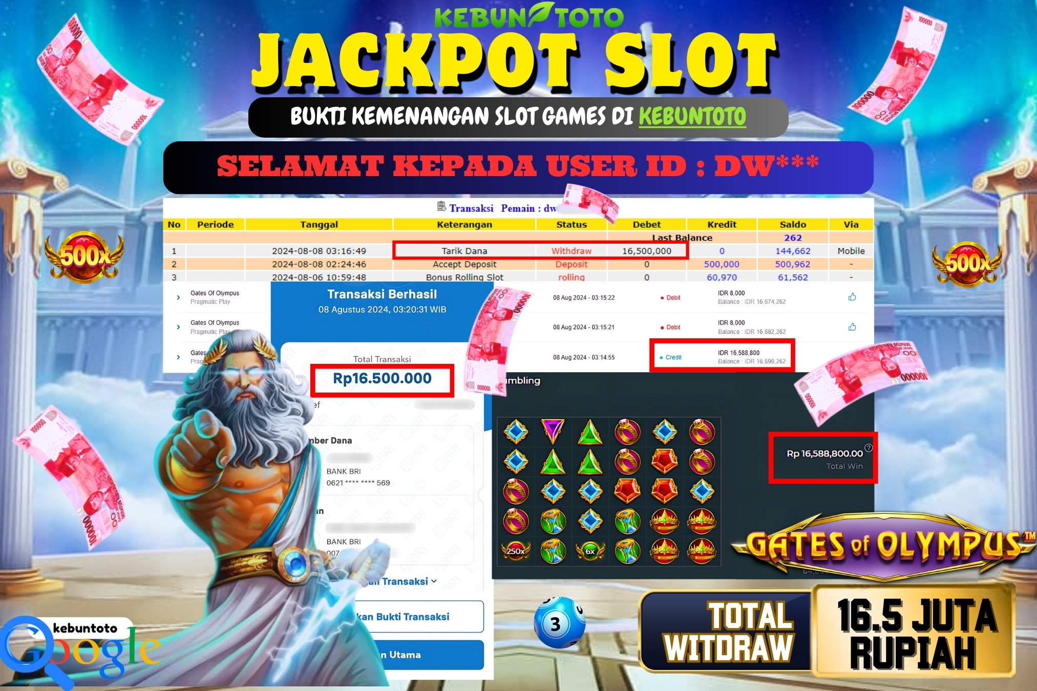 KEBUNTOTO JACKPOT SLOT GATES OF OLYMPUS Rp.16.500.000,- LUNAS