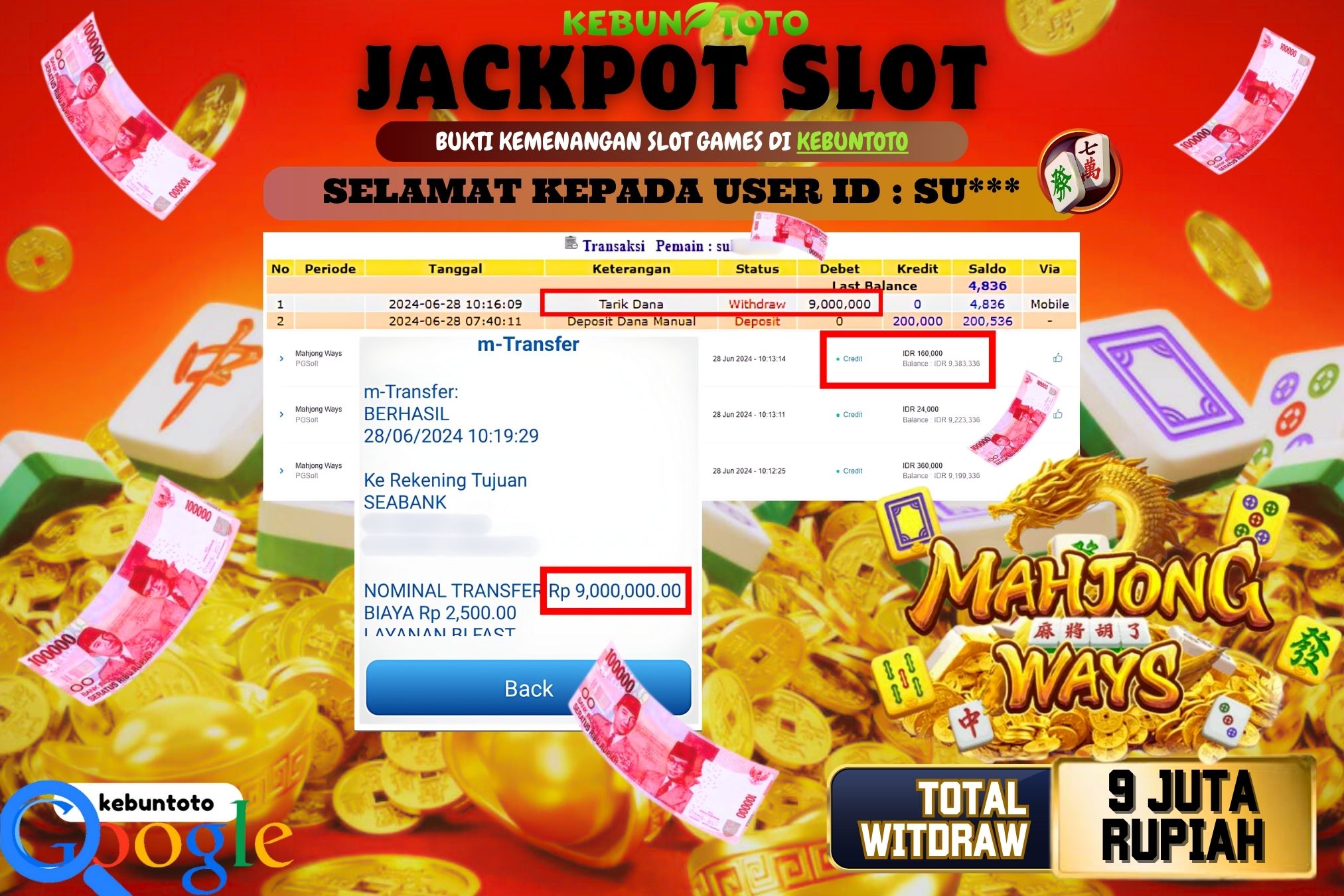 KEBUNTOTO JACKPOT SLOT MAHJONG WAYS Rp.9.000.000,- LUNAS