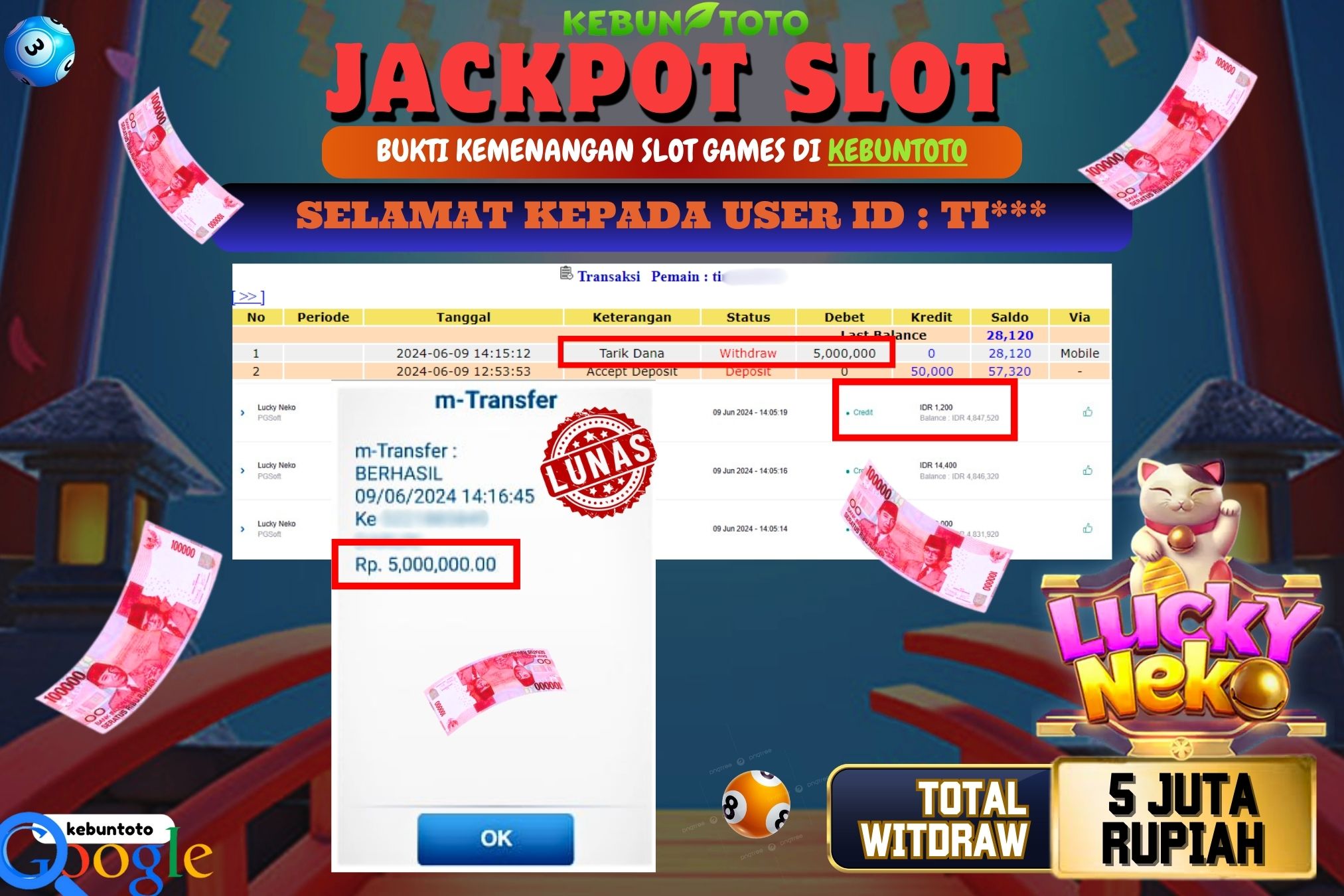 KEBUNTOTO JACKPOT SLOT LUCKY NEKO Rp.5.000.000,- LUNAS