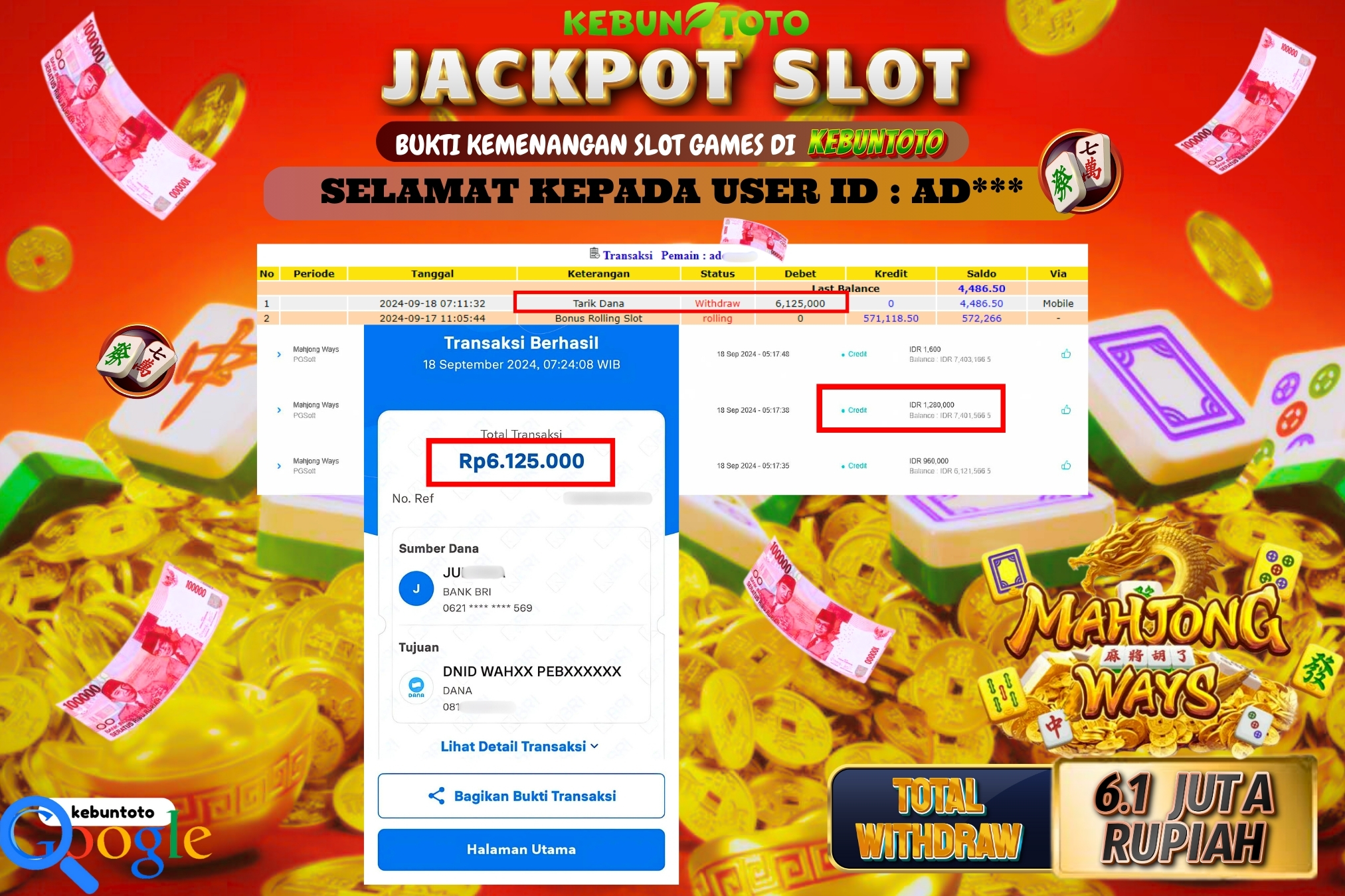 KEBUNTOTO JACKPOT SLOT MAHJONG WAYS Rp.6.125.000,- LUNAS