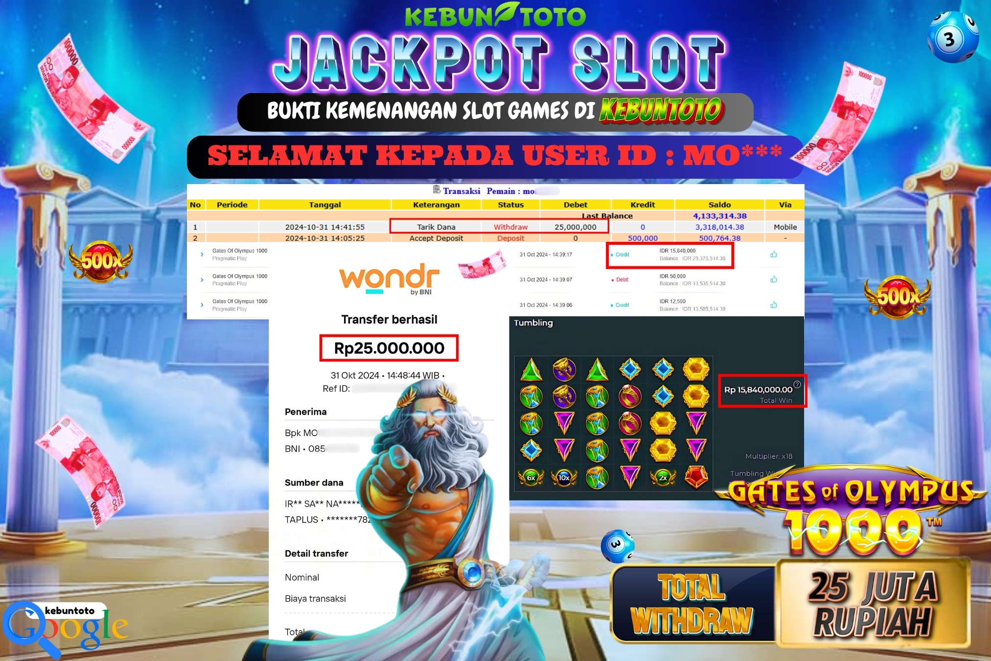 KEBUNTOTO JACKPOT SLOT GATES OF OLYMPUS 1000 Rp.25.000.000,- LUNAS