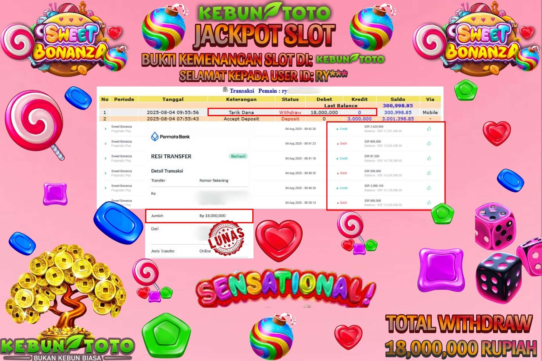 Bukti Kemenangan Rp 18.000.000 SLOT SWEET BONANZA di KEBUNTOTO!