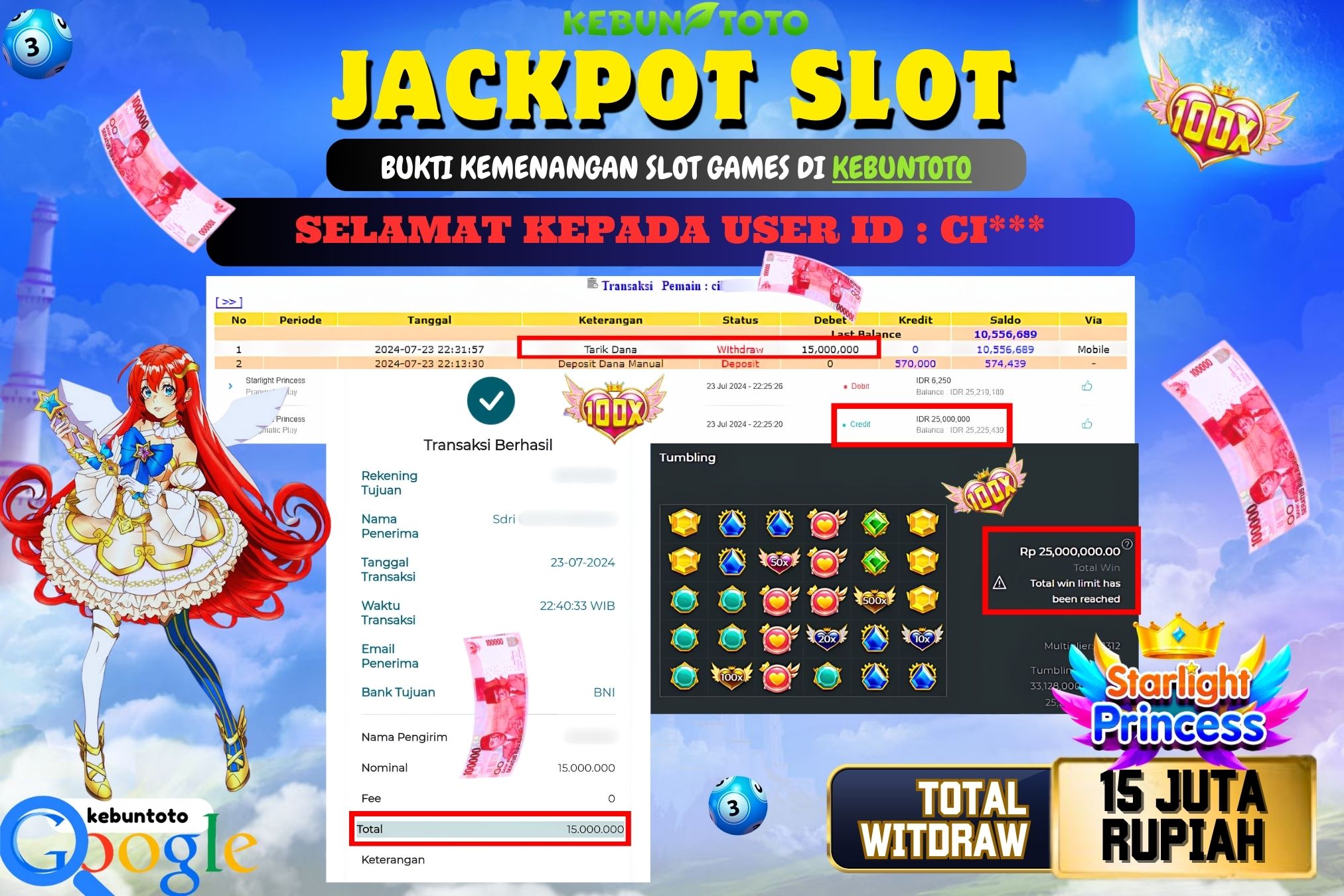 KEBUNTOTO JACKPOT SLOT STARLIGHT PRINCESS Rp.15.000.000,- LUNAS
