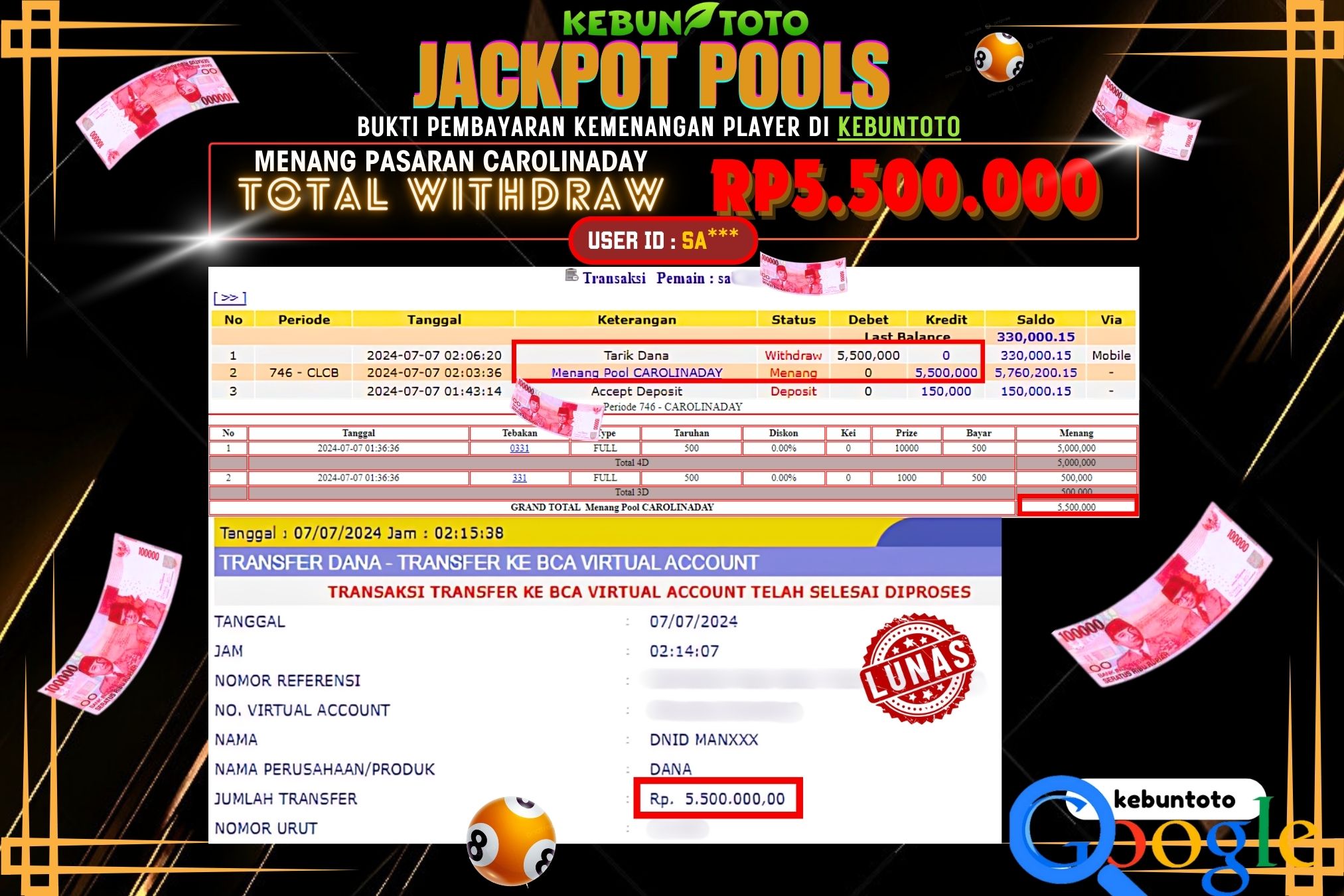 KEBUNTOTO JACKPOT TOGEL PASARAN CAROLINADAY Rp.5.500.000,- LUNAS