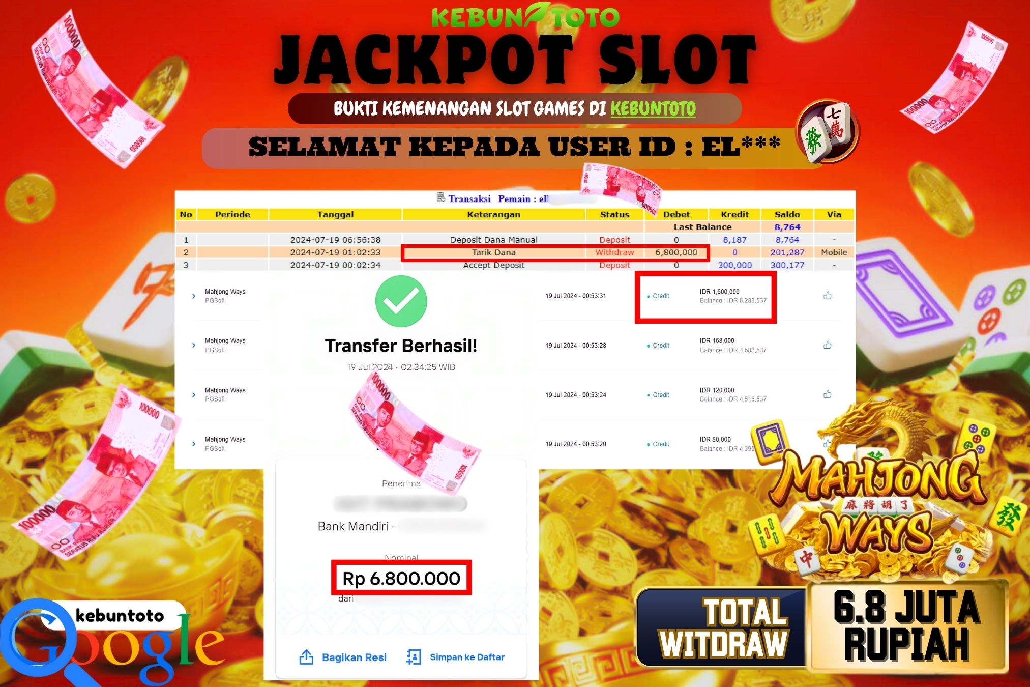 KEBUNTOTO JACKPOT SLOT MAHJONG WAYS Rp.6.800.000,- LUNAS