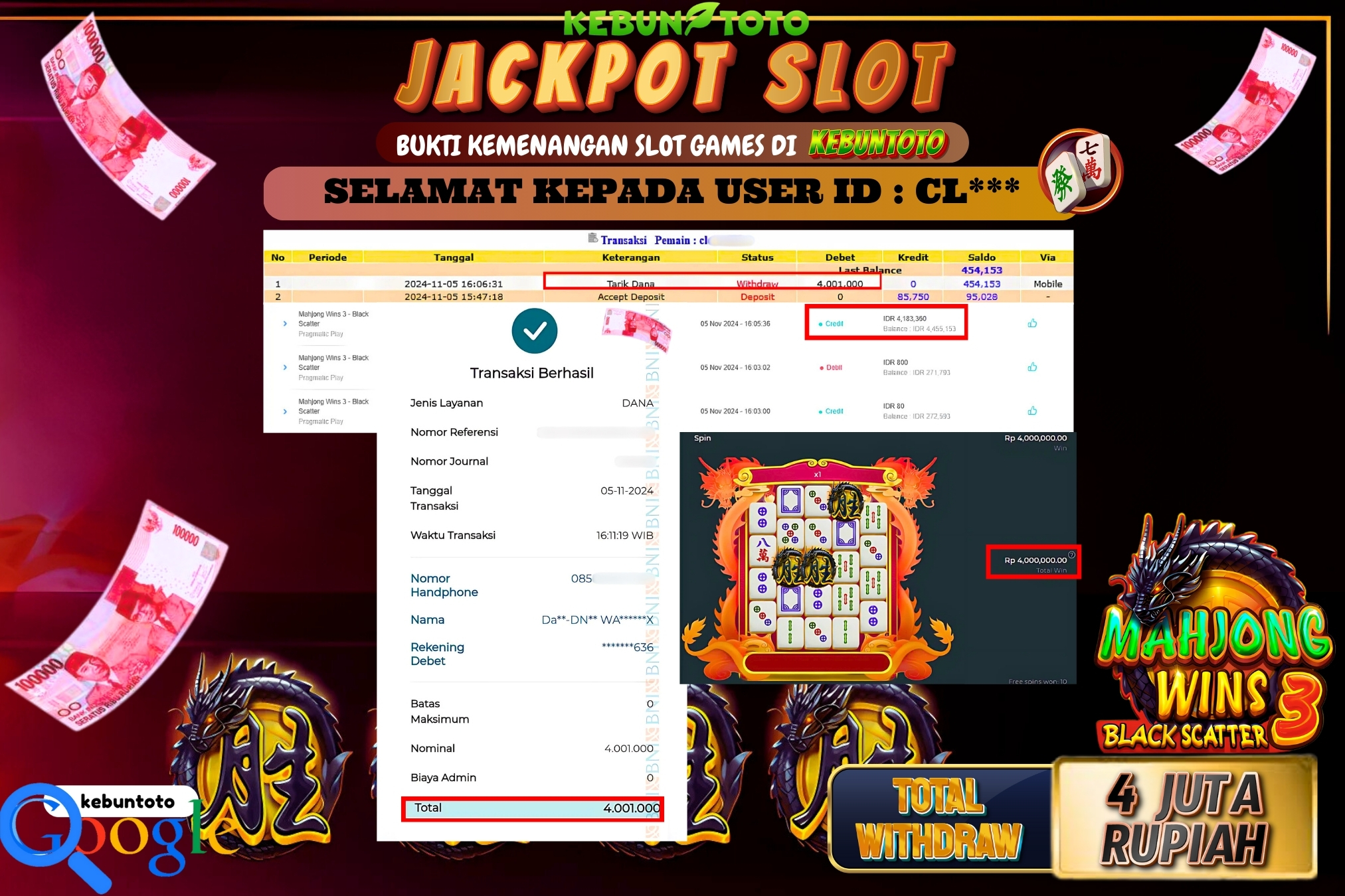 KEBUNTOTO JACKPOT SLOT MAHJONG WINS 3 - BLACK SCATTER Rp.4.000.000,- LUNAS